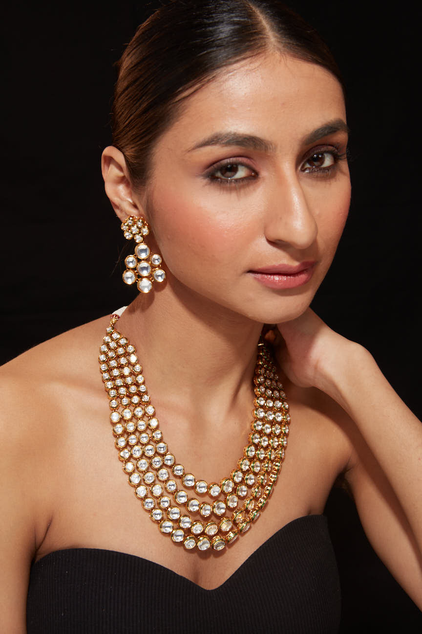 Image of Gold Plated Kundan Studded Multi Layered Necklace & Dangle Earrings Set