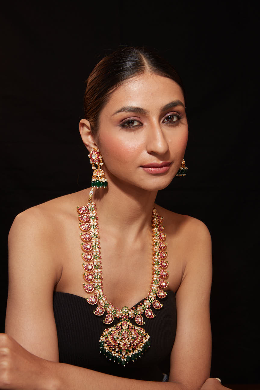 Image of Gold Plated Multi Colour Enamelled Long Necklace & Jhumka Earrings