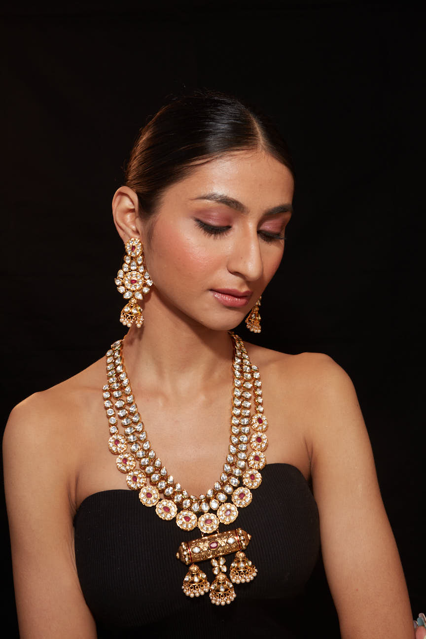 Image of Gold Plated Kundan Polki Long Necklace & Dangle Earrings Set