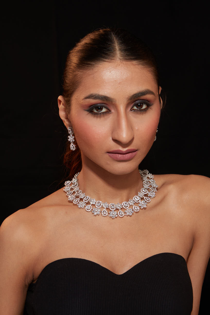 Image of Rhodium Plated Zircon Studded Double Layered Choker Necklace & Dangle Earrings Set