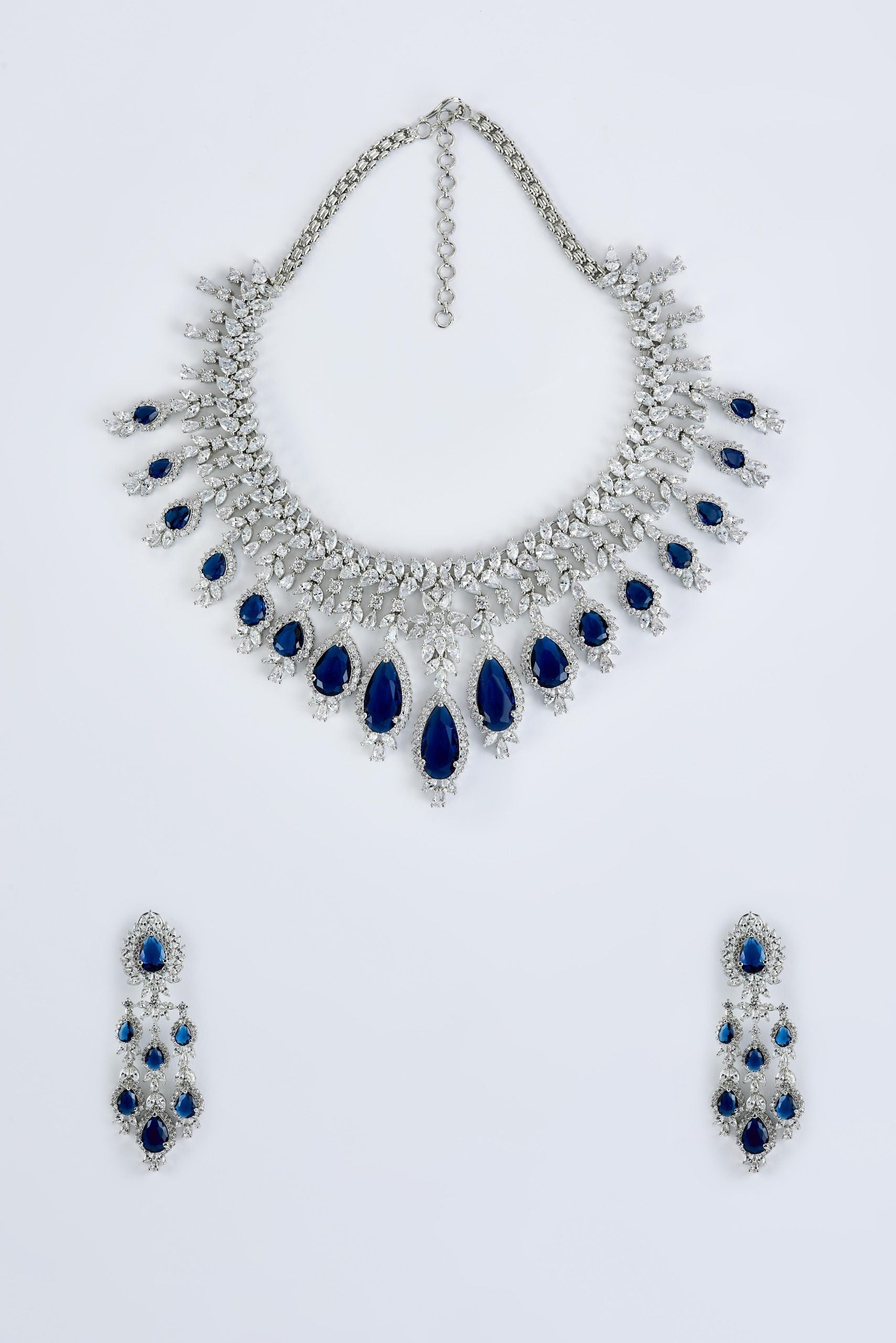 vivinia BY VIDHI MEHRA Zia Silver Plated Blue Womens Zircon Short Necklace Set with Pair of Dangler Earrings & Maangtikka (Freesize)