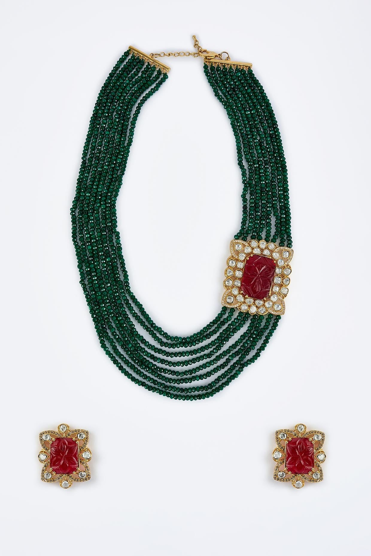 vivinia BY VIDHI MEHRA Antara Gold Plated Green Womens Kundan, Polki Mala Necklace Set with Pair of Earrings (Freesize)