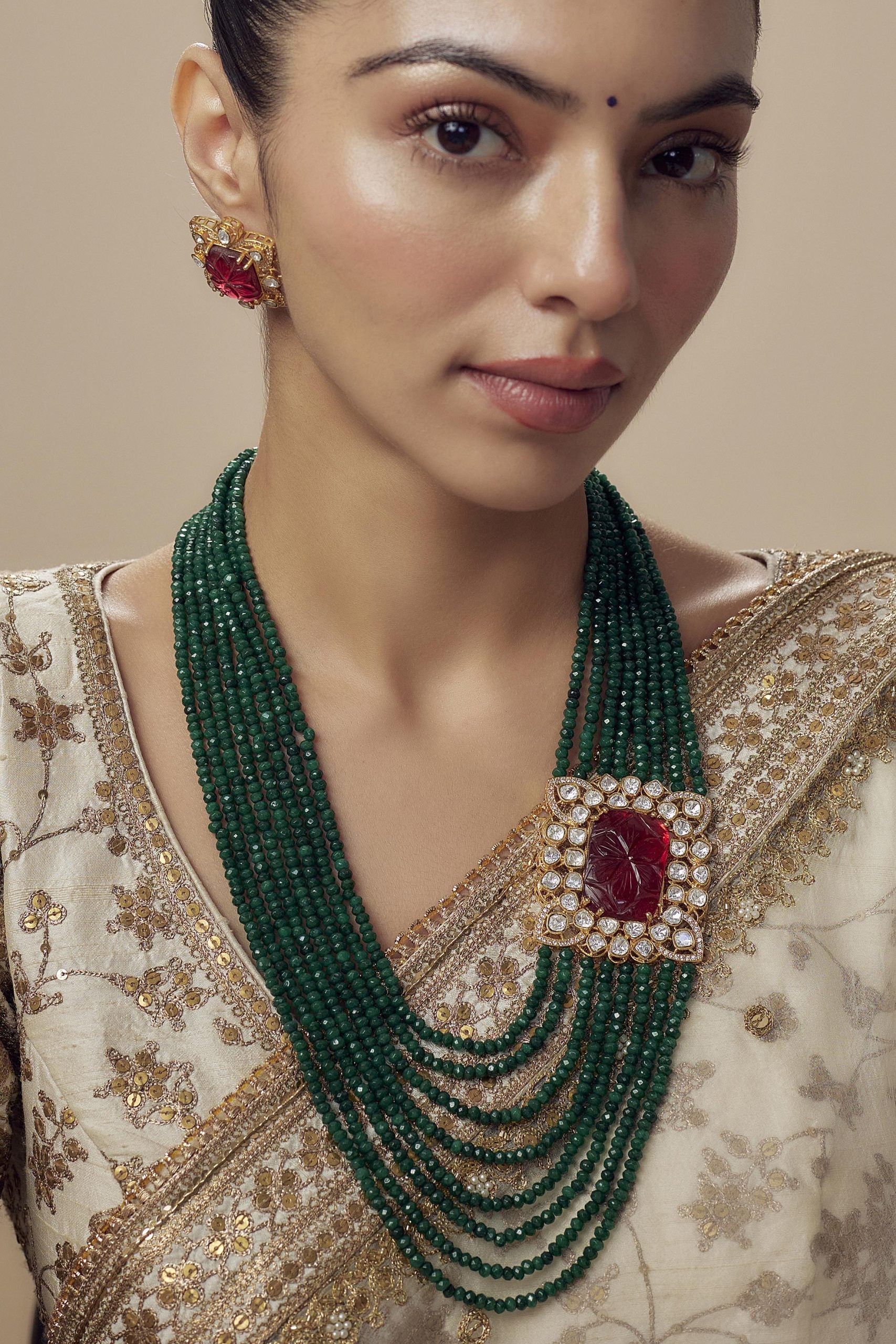 vivinia BY VIDHI MEHRA Antara Gold Plated Green Womens Kundan, Polki Mala Necklace Set with Pair of Earrings (Freesize)