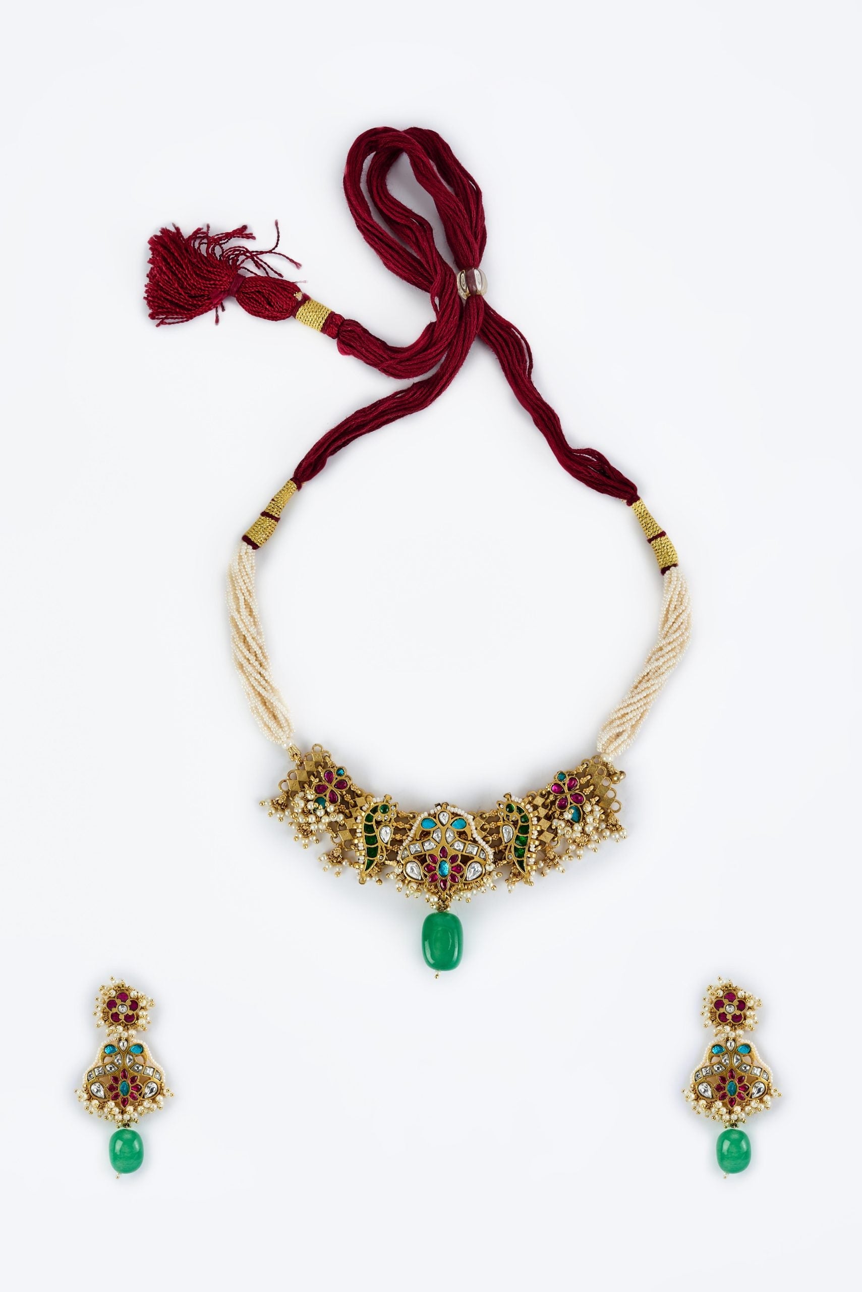 vivinia BY VIDHI MEHRA Morpankh Gold Plated Green Womens Beaded Choker Necklace Set with Pair of Earrings (Freesize)