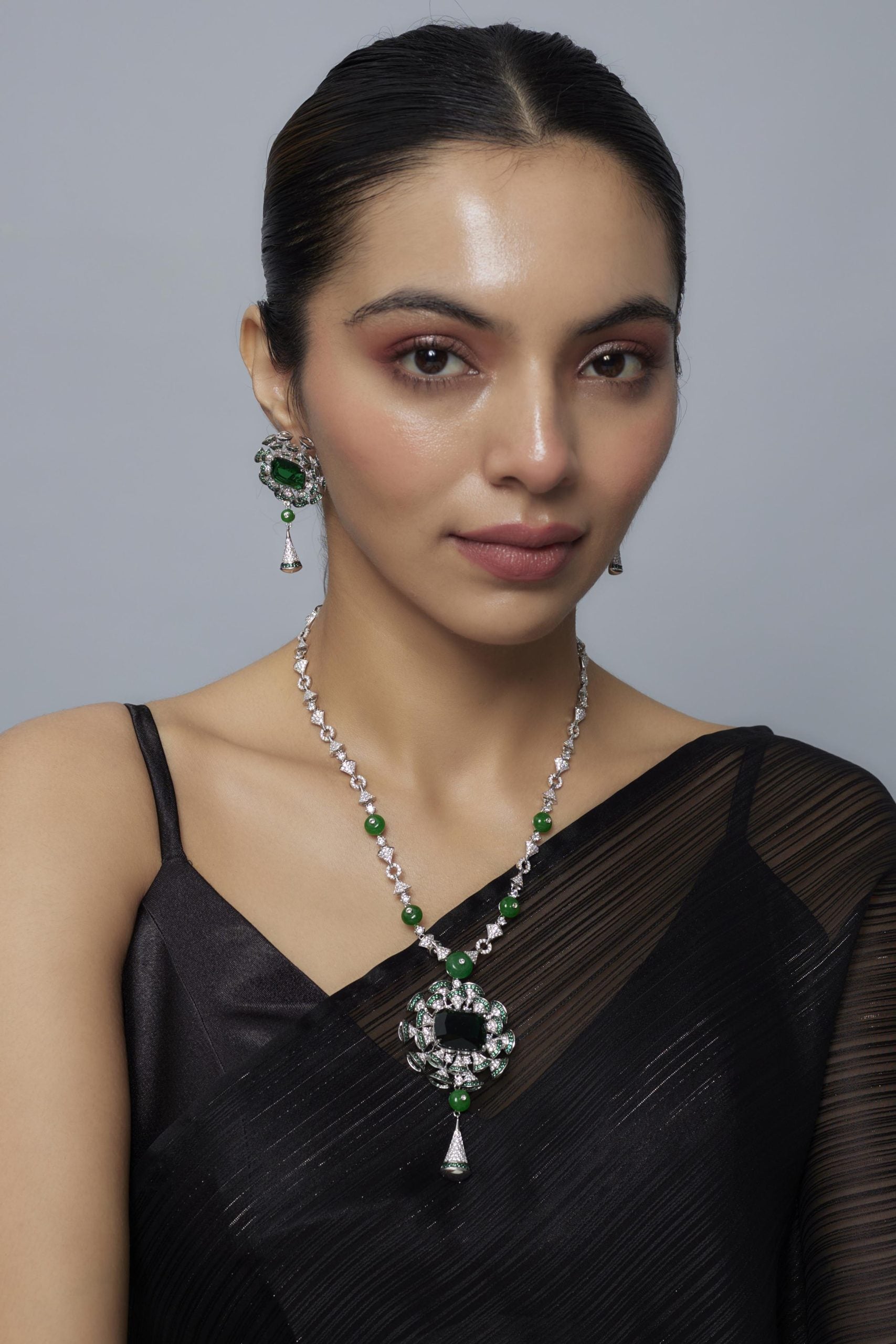 vivinia BY VIDHI MEHRA Zia Silver Plated Green Womens Zircon Long Necklace Set with Pair of Earrings (Freesize)