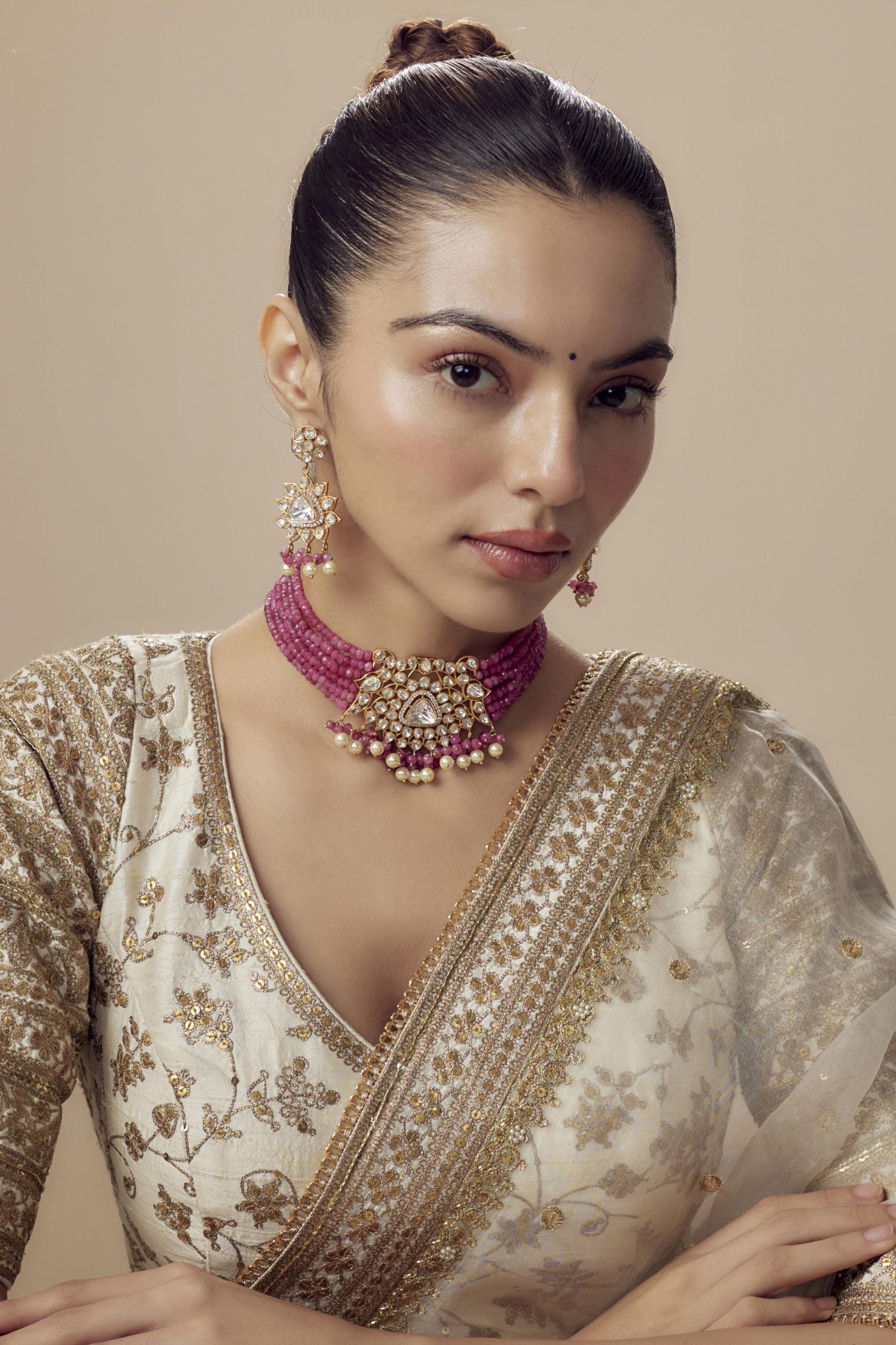 vivinia BY VIDHI MEHRA Antara Gold Plated Pink Womens Kundan, Polki Choker Necklace Set with Pair of Earrings (Freesize)