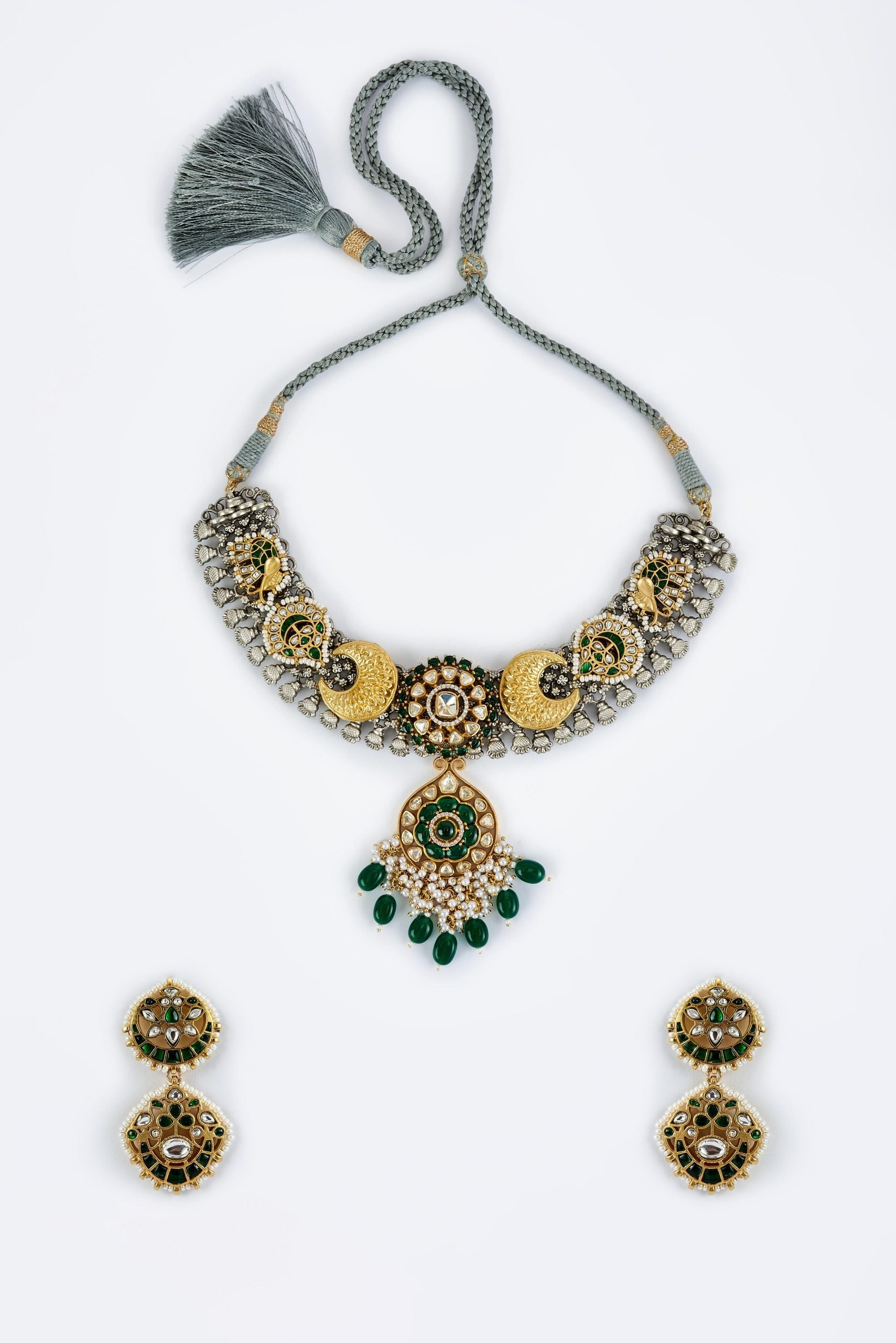 vivinia BY VIDHI MEHRA Morpankh Gold Plated Green Womens Kundan, Polki Short Necklace Set with Pair of Earrings (Freesize)