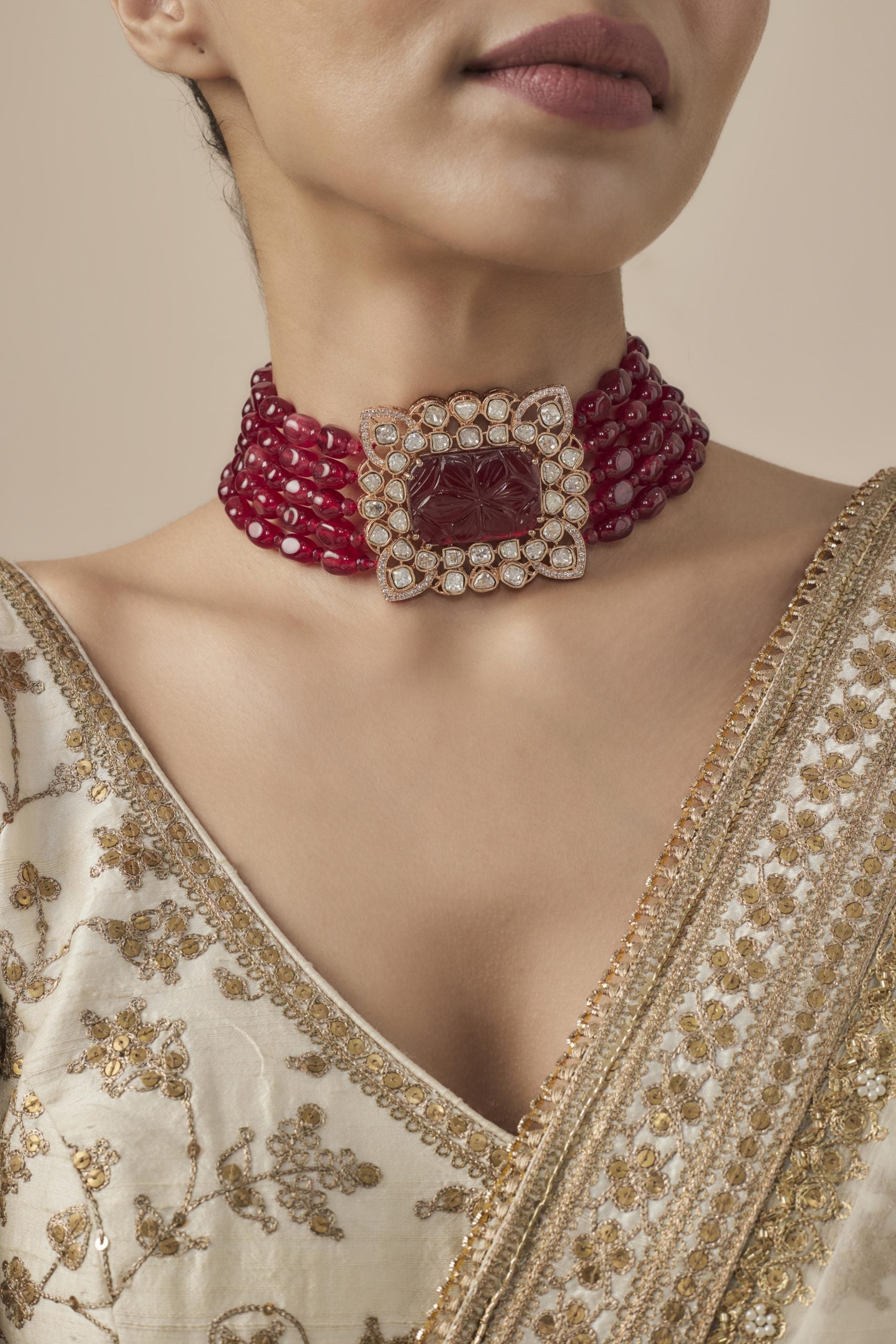 vivinia BY VIDHI MEHRA Antara Gold Plated Red Womens Beaded Choker Necklace Set (Freesize)