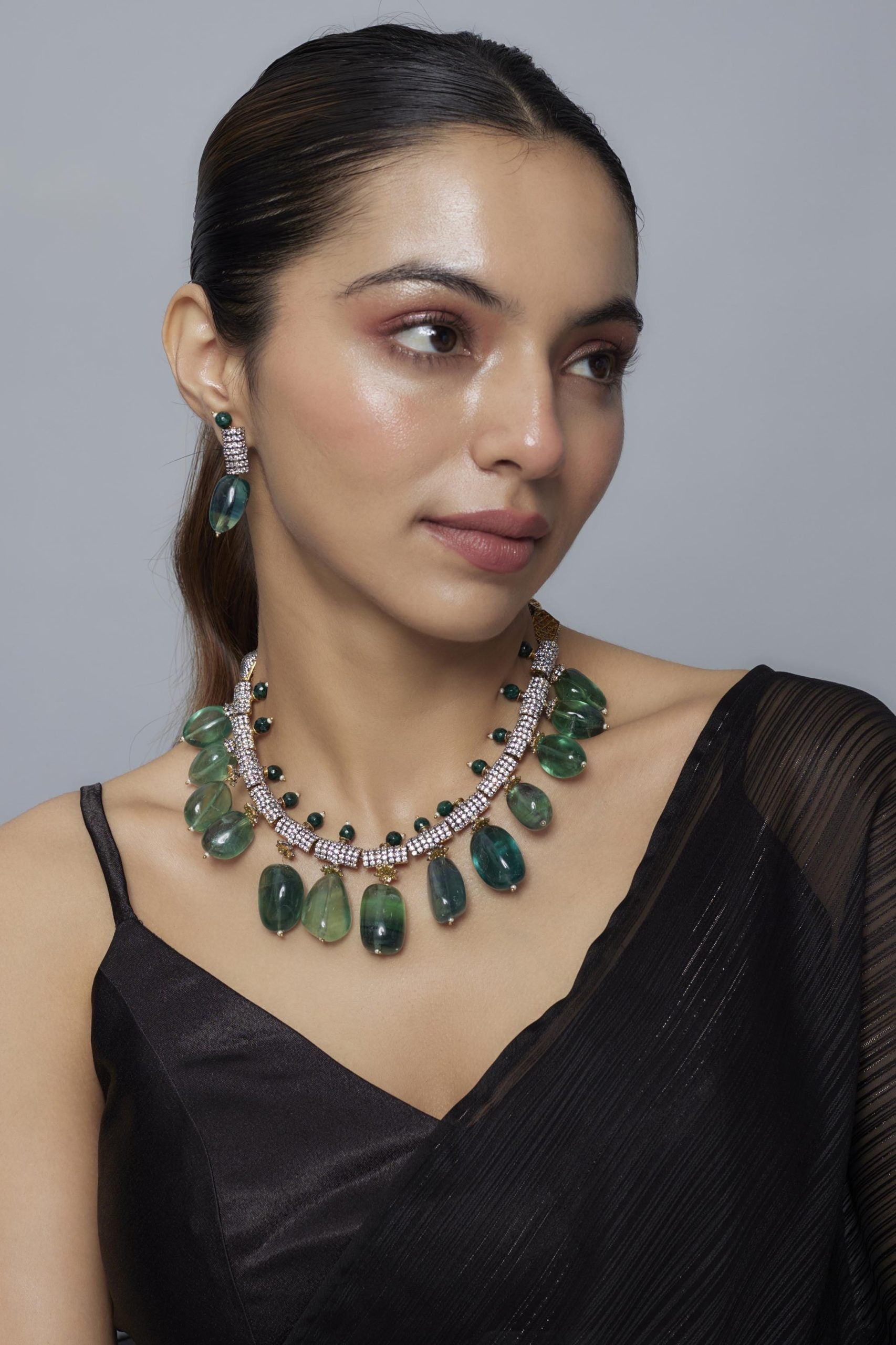 vivinia BY VIDHI MEHRA Florence Green Womens Zircon Short Necklace Set with Pair of Earrings (Freesize)