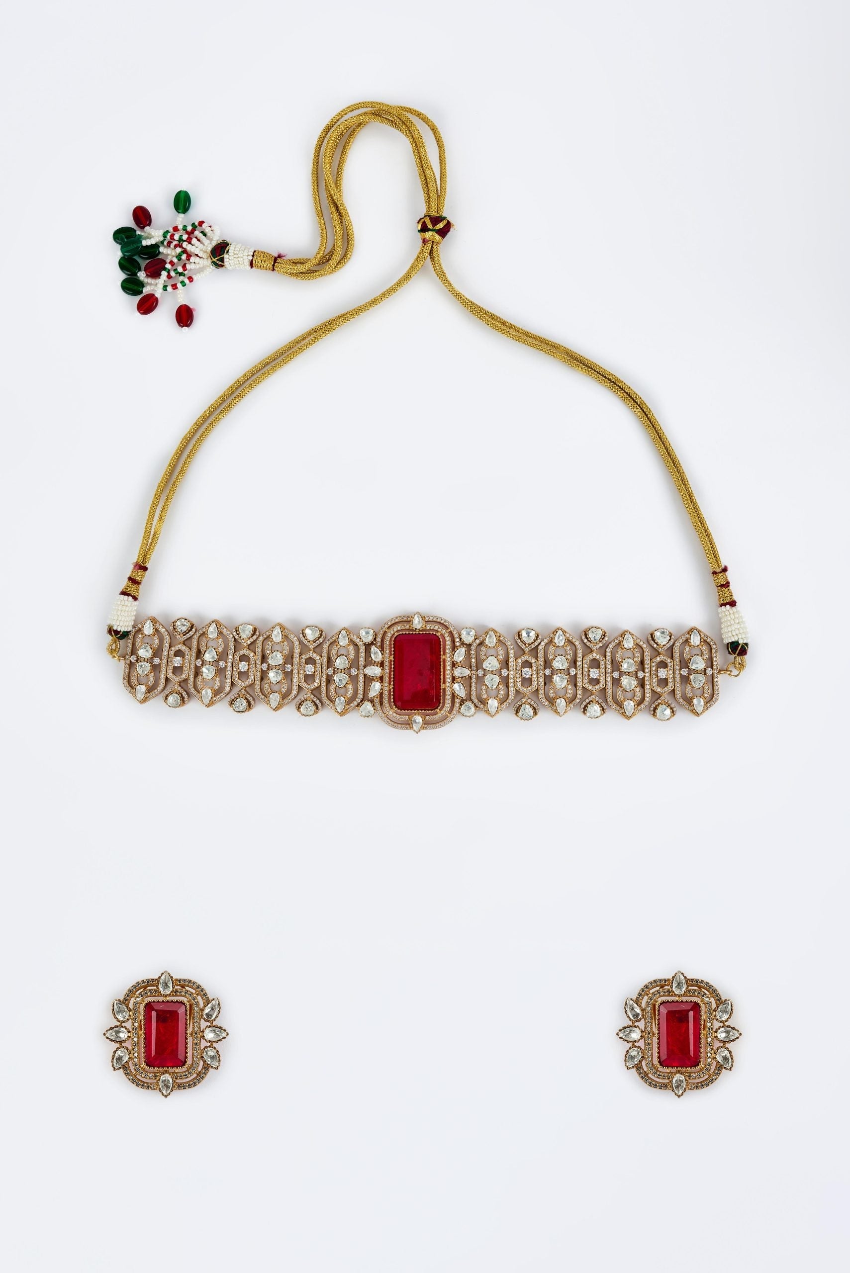 vivinia BY VIDHI MEHRA Zia Gold Plated Red Womens Kundan, Polki Choker Necklace Set with Pair of Earrings (Freesize)