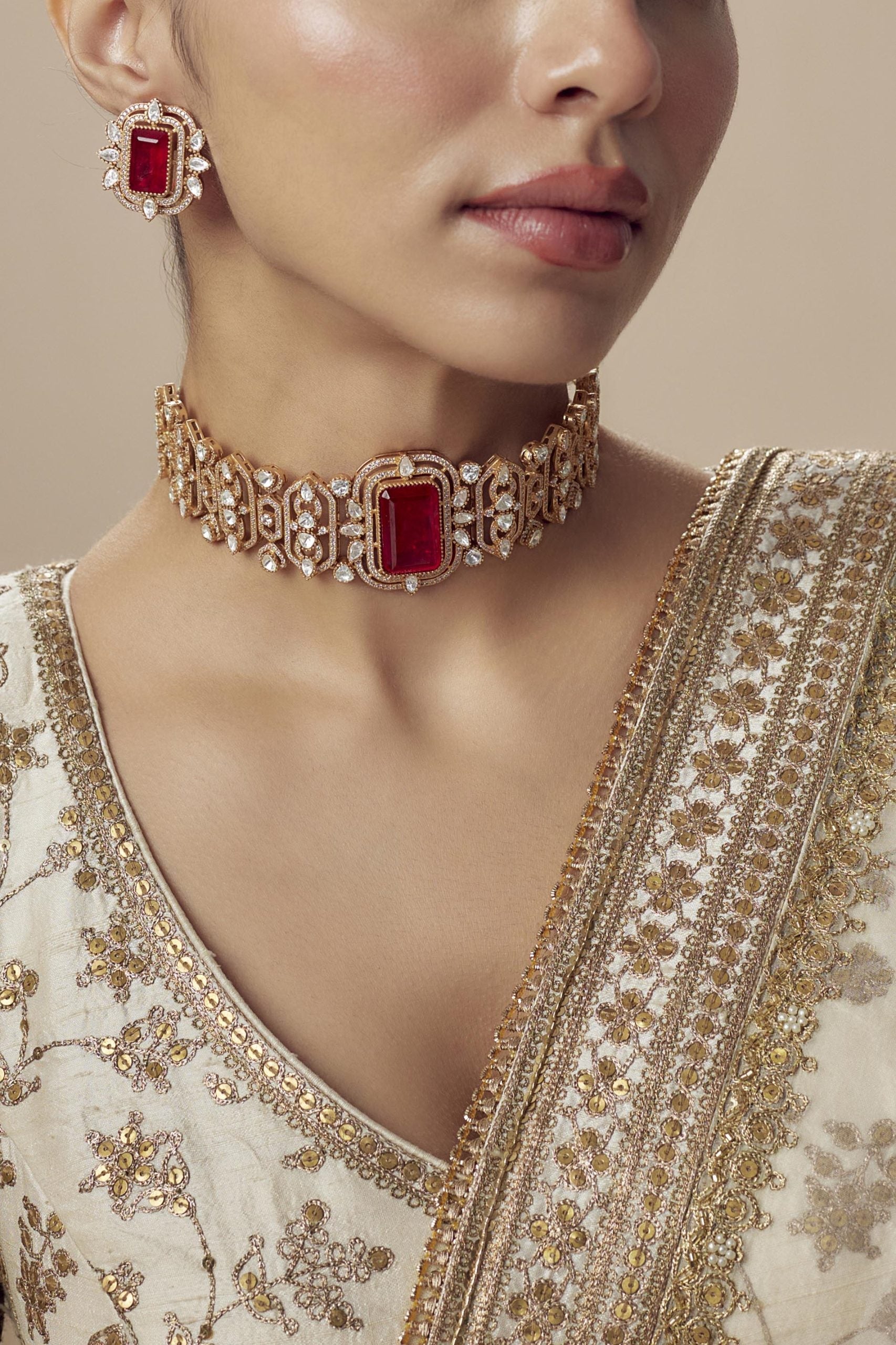 vivinia BY VIDHI MEHRA Zia Gold Plated Red Womens Kundan, Polki Choker Necklace Set with Pair of Earrings (Freesize)