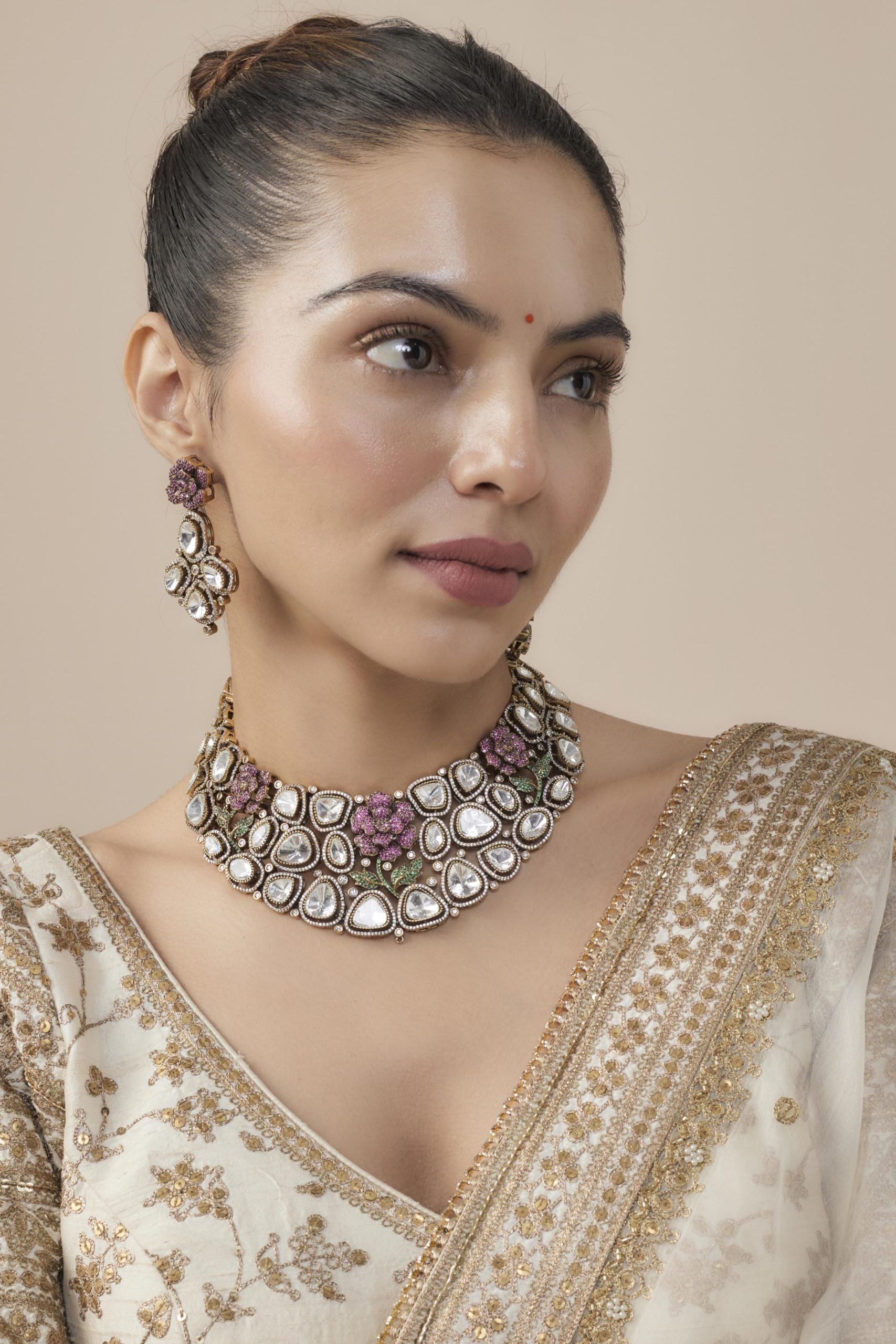 vivinia BY VIDHI MEHRA Florence Silver Plated Pink Womens Kundan, Polki Short Necklace Set with Pair of Earrings (Freesize)