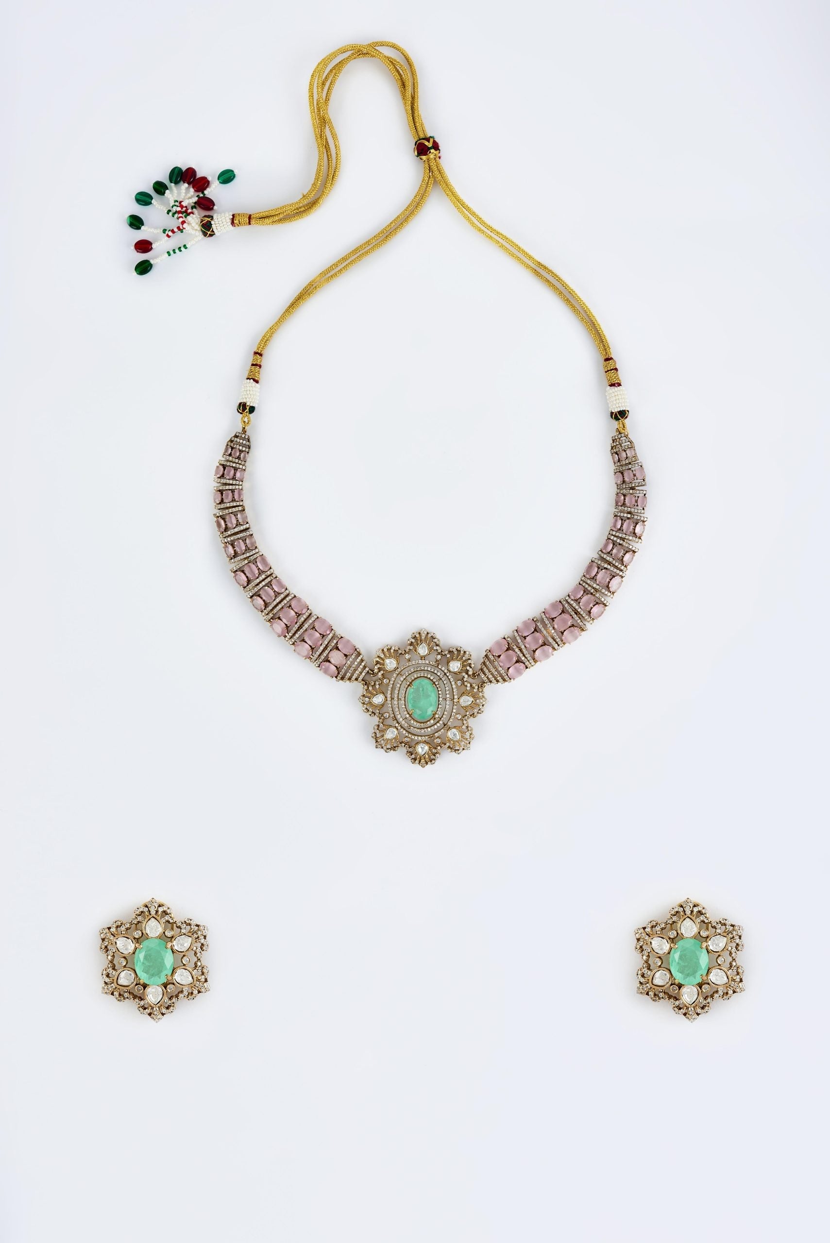 vivinia BY VIDHI MEHRA Florence Gold Plated Green Womens Kundan, Polki Short Necklace Set with Pair of Earrings (Freesize)