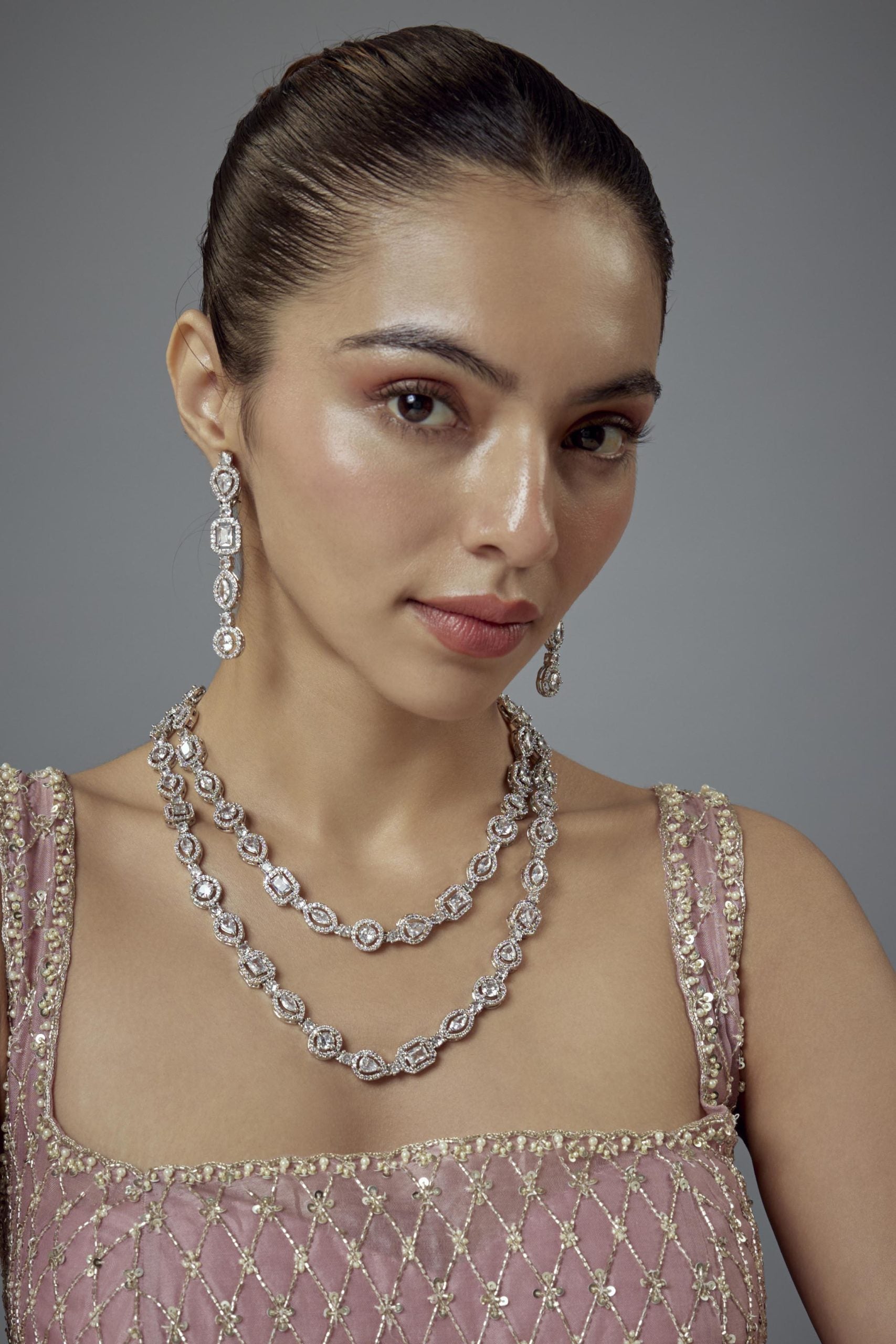 vivinia BY VIDHI MEHRA Zia Silver Plated Zircon Womens Long Necklace Set with Pair of Earrings (Freesize)