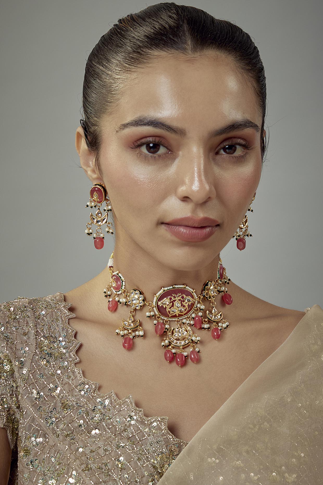 vivinia BY VIDHI MEHRA Saadgi Gold Plated Pink Kundan, Polki Womens Choker Necklace Set with Pair of Earrings (Freesize)