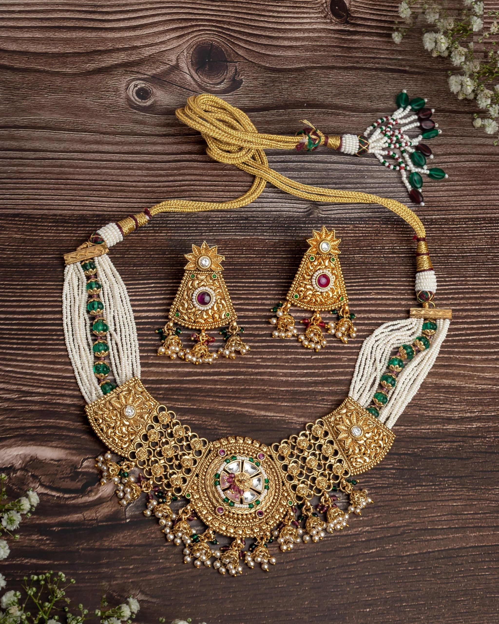 vivinia BY VIDHI MEHRA ISMAARH 2.0 Gold/Green/White Choker Necklace Set with Pair of Earrings