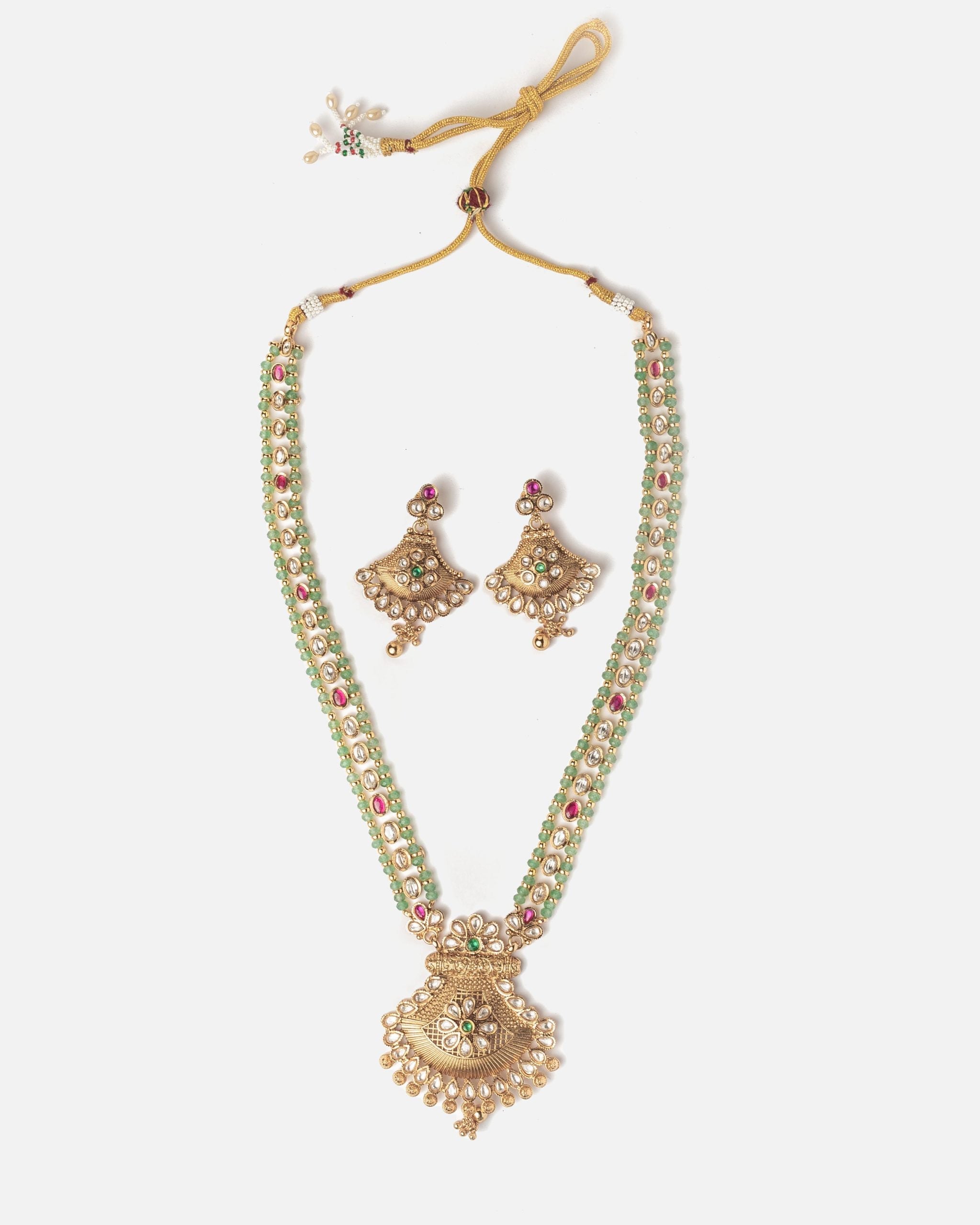 vivinia BY VIDHI MEHRA ISMAARH 2.0 Gold/Green Long Necklace Set with Pair of Earrings