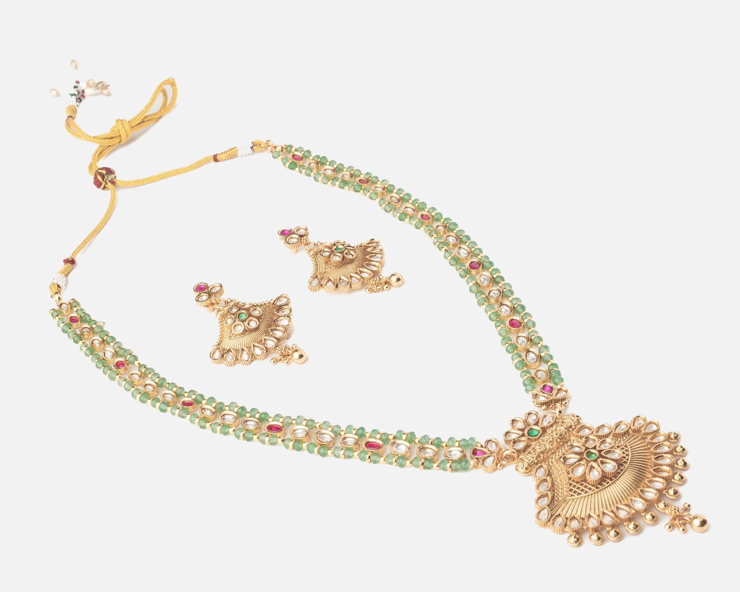 vivinia BY VIDHI MEHRA ISMAARH 2.0 Gold/Green Long Necklace Set with Pair of Earrings