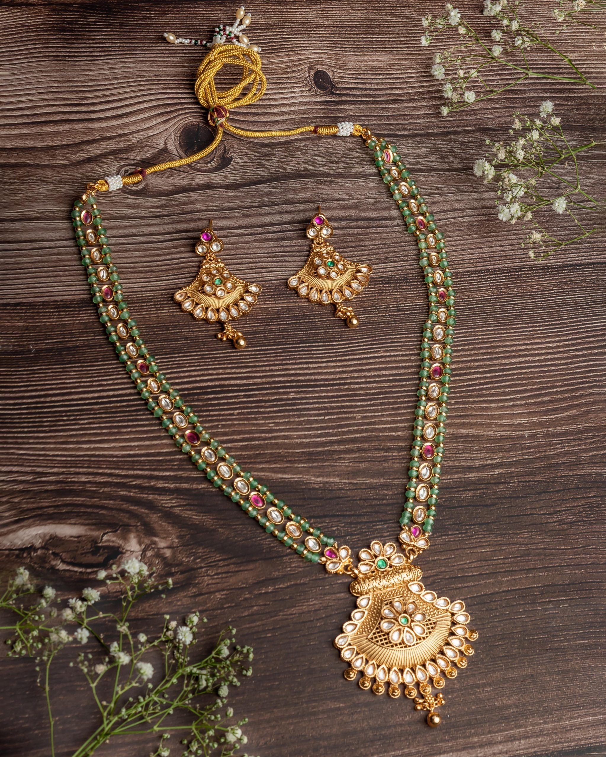 vivinia BY VIDHI MEHRA ISMAARH 2.0 Gold/Green Long Necklace Set with Pair of Earrings