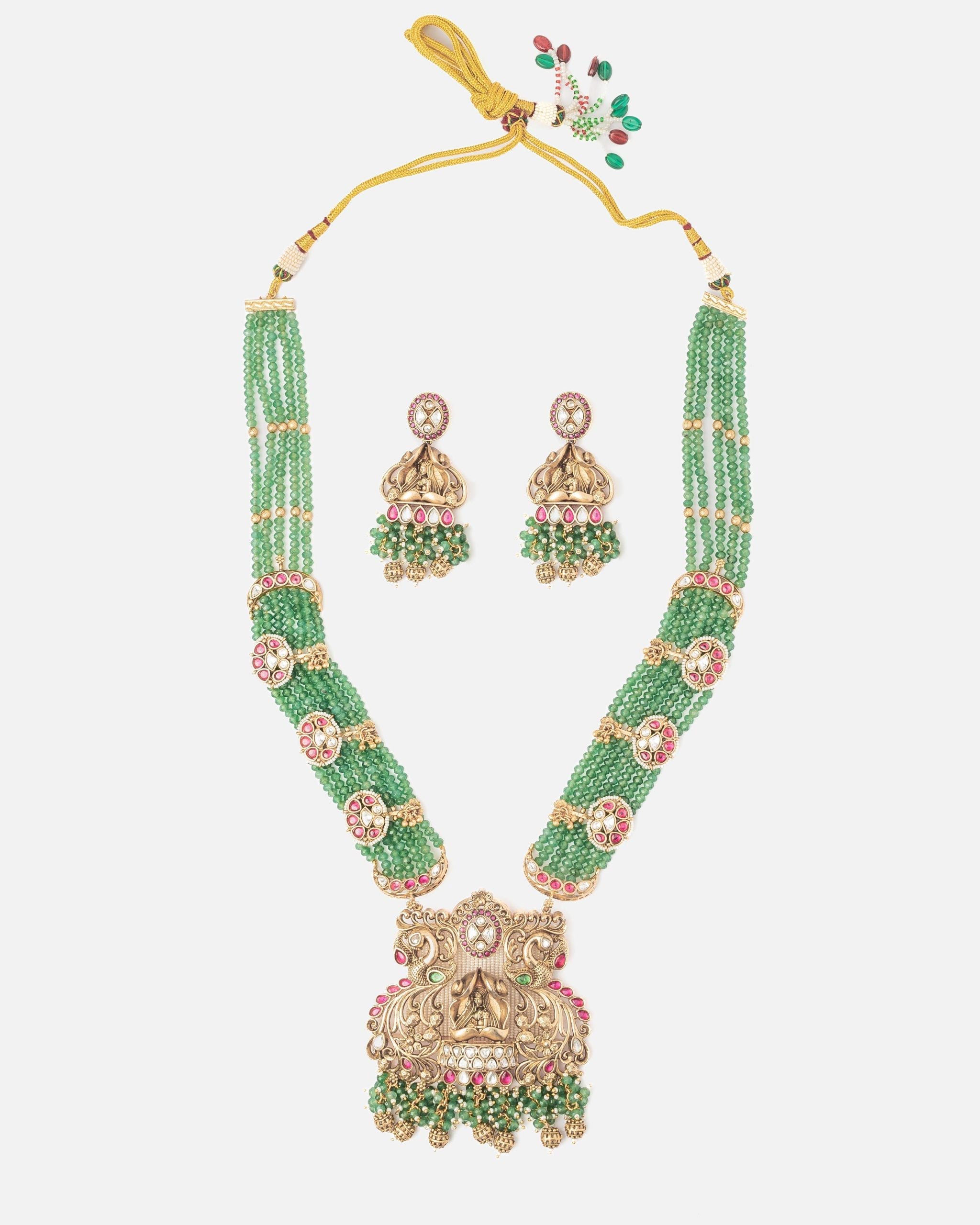 vivinia BY VIDHI MEHRA ISMAARH 2.0 Gold/Green Long Necklace Set with Pair of Earrings