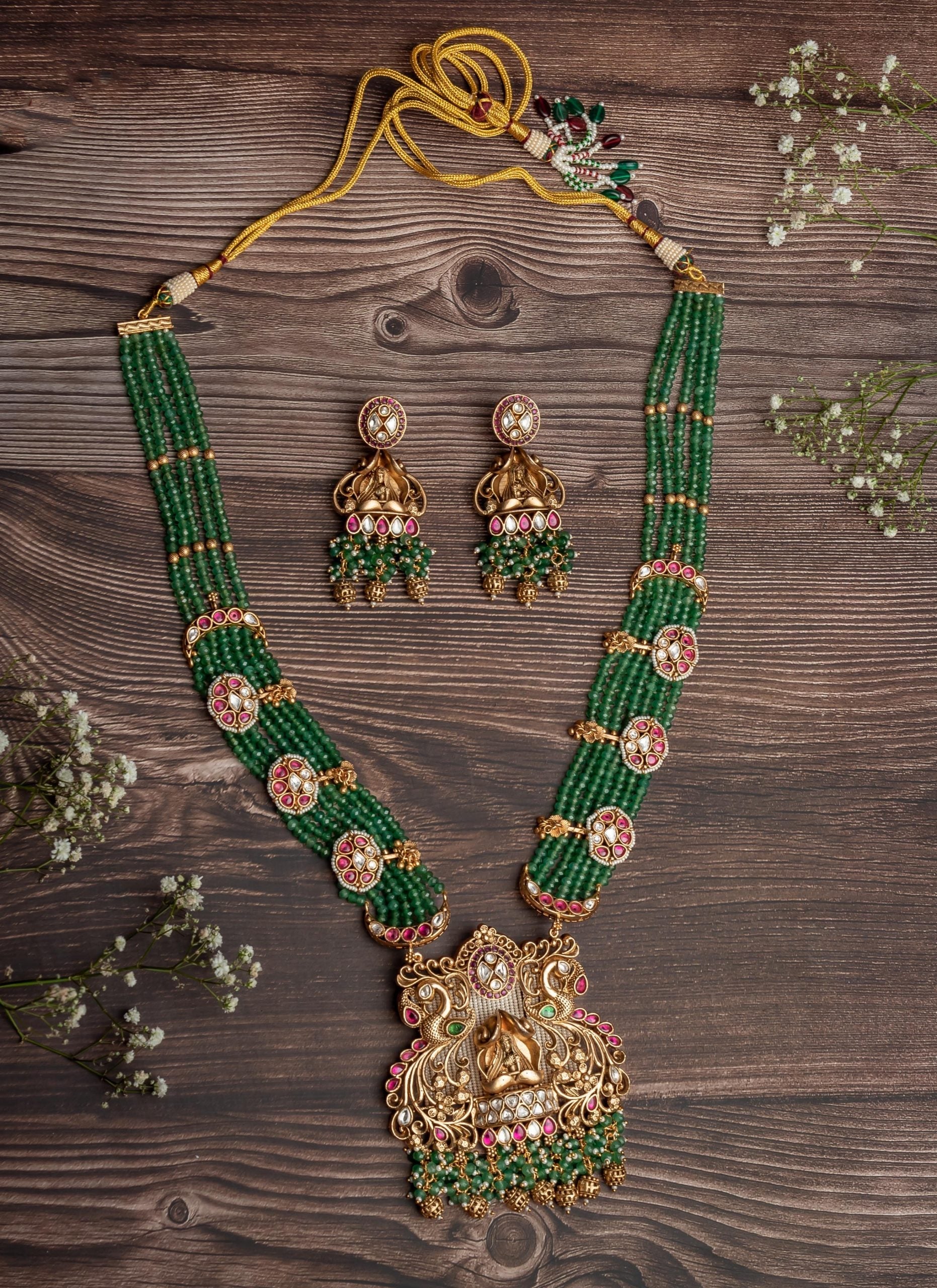 vivinia BY VIDHI MEHRA ISMAARH 2.0 Gold/Green Long Necklace Set with Pair of Earrings