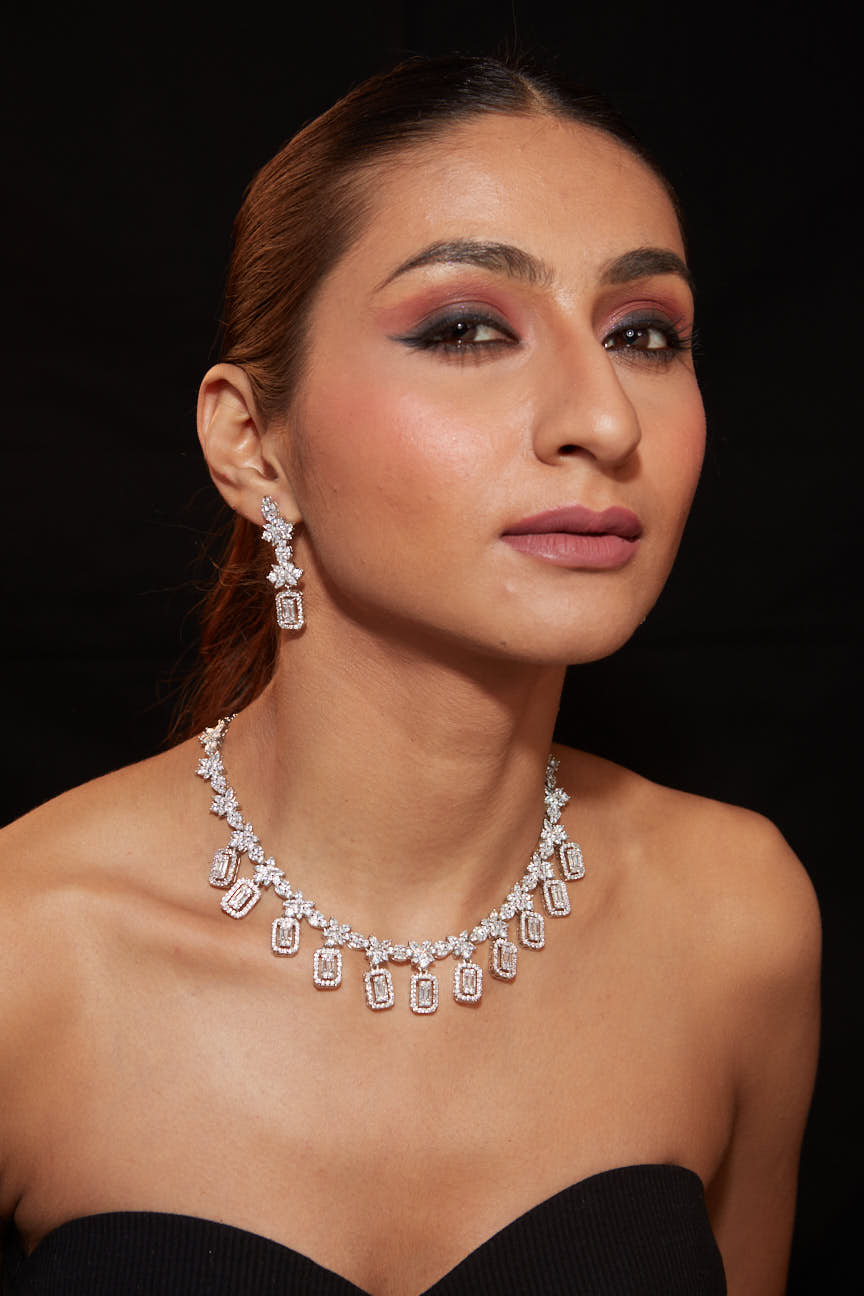 Image of Rhodium Plated Zircon Studded Long Necklace & Drop Earrings Set