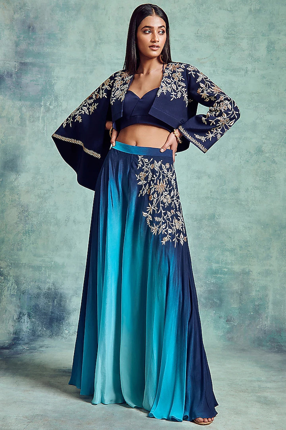 Blue Ombre Embroidered Jacket Set