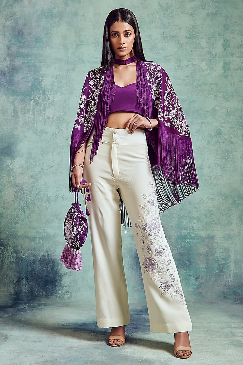 Russian Violet & White Crepe Pant Set