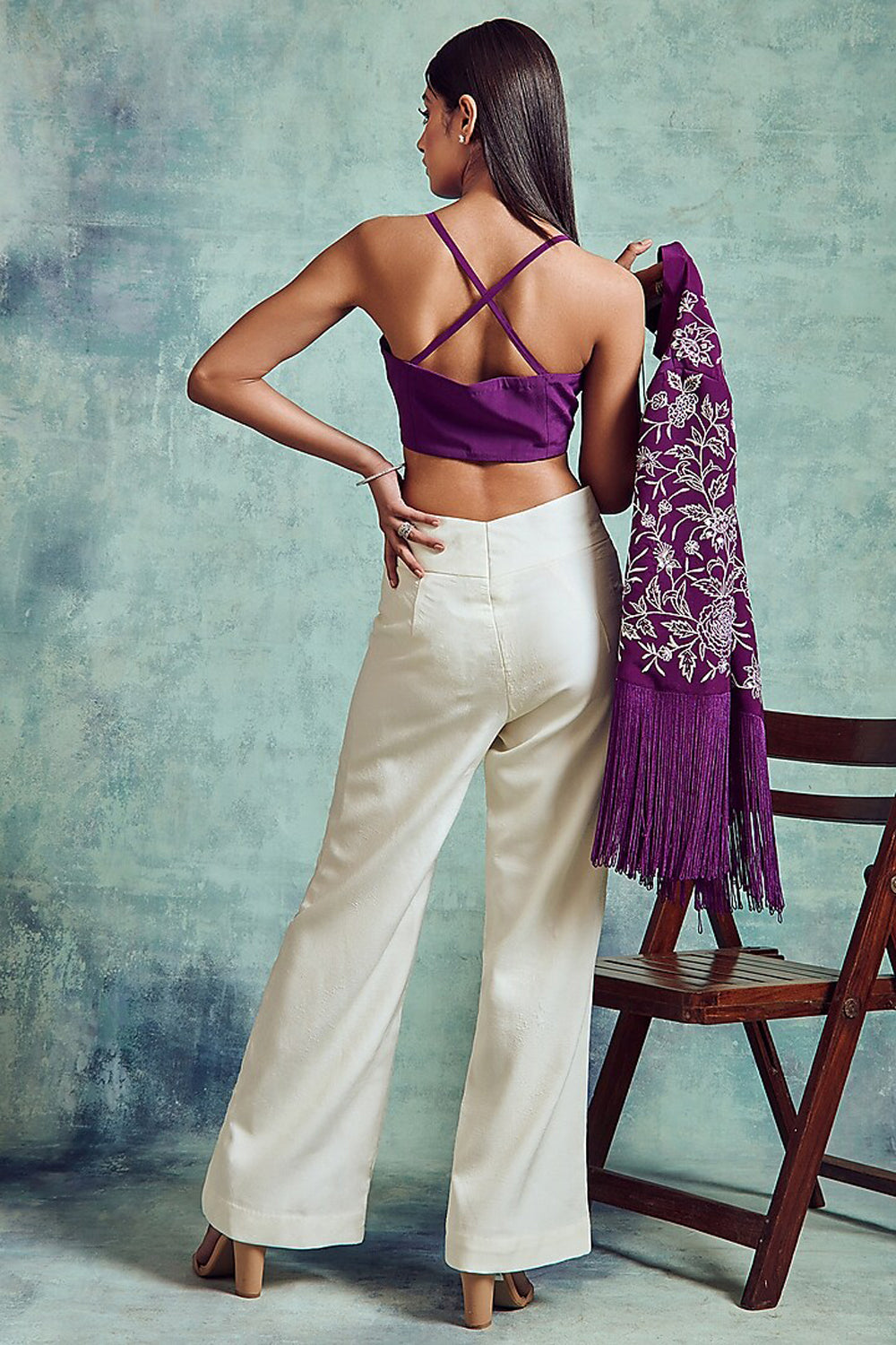 Russian Violet & White Crepe Pant Set