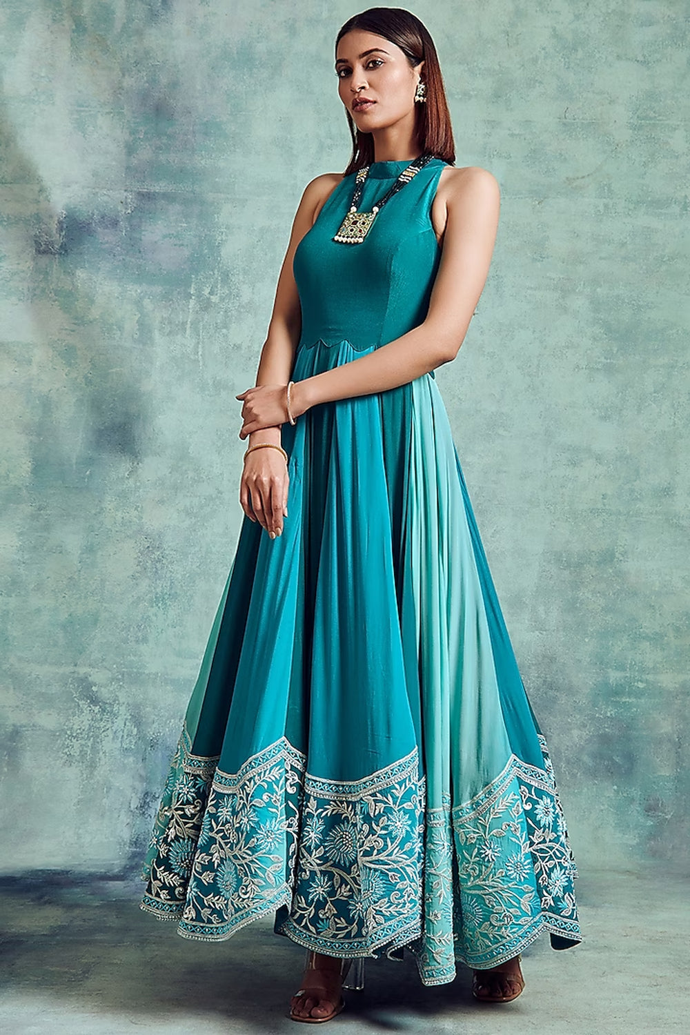 Sea Blue Embroidered Anarkali Set