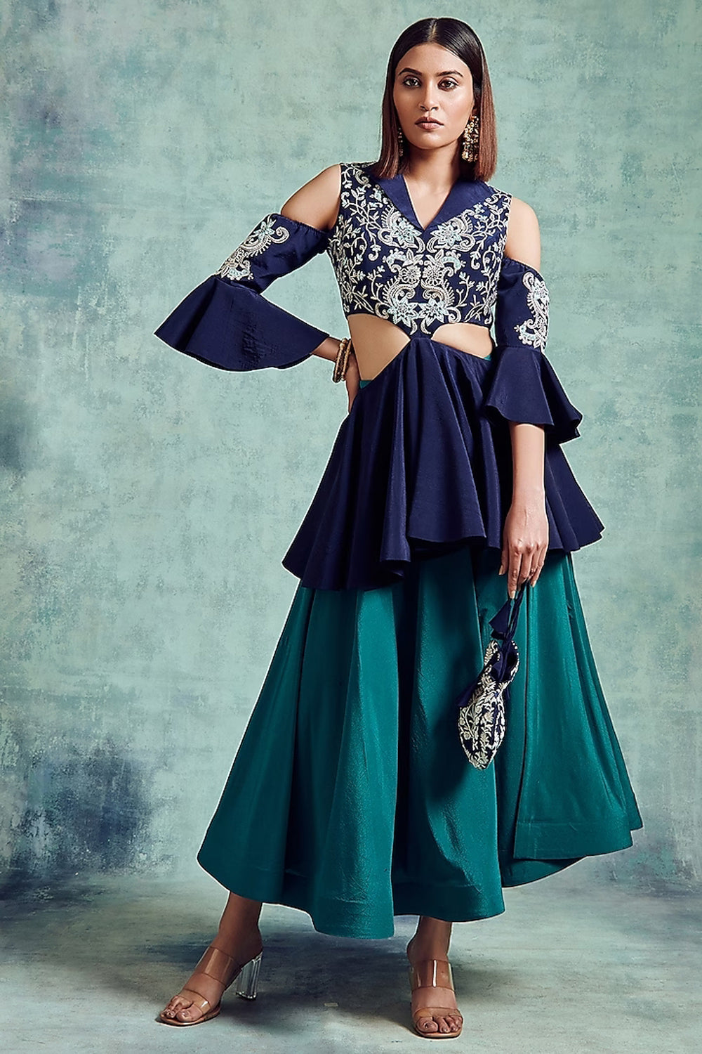 Indigo Blue & Ocean Green Embroidered Skirt Set