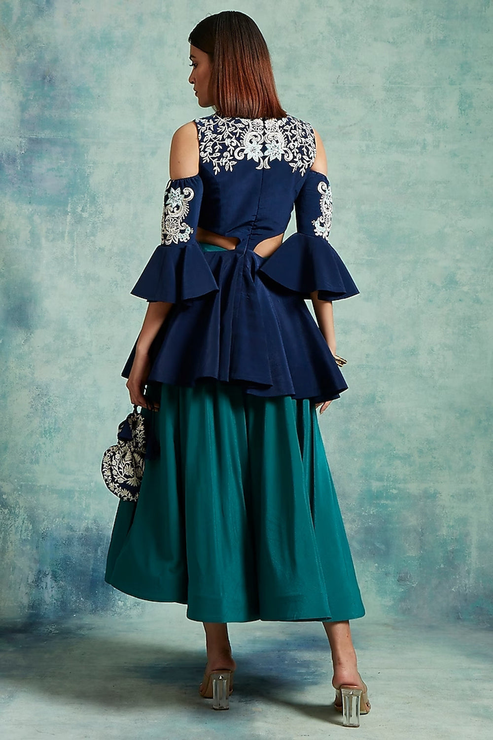 Indigo Blue & Ocean Green Embroidered Skirt Set