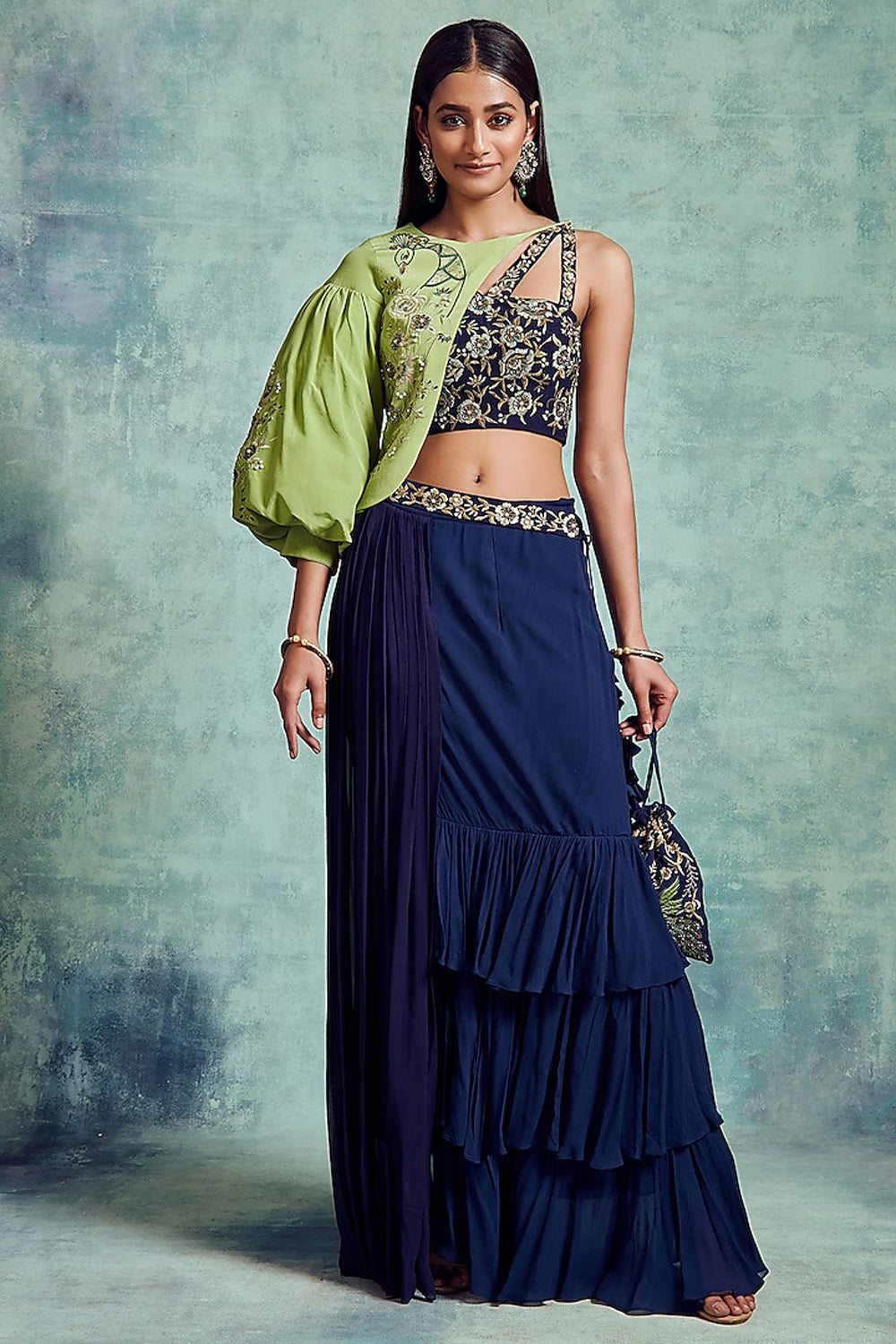 Light Green & Indigo Blue Embroidered Skirt Set