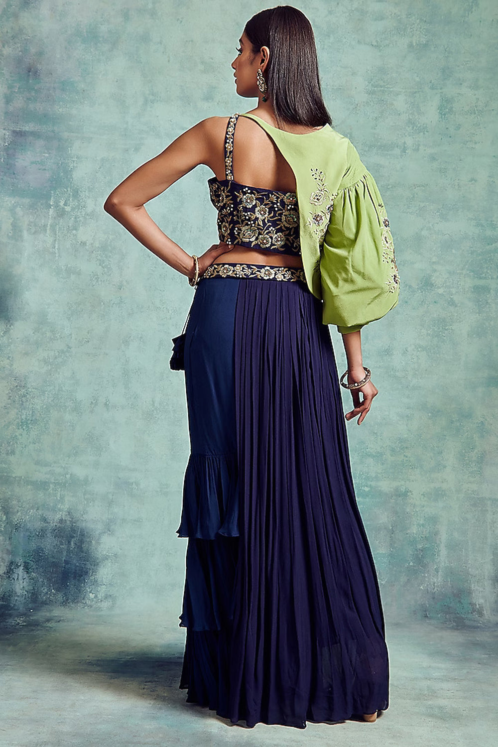 Light Green & Indigo Blue Embroidered Skirt Set