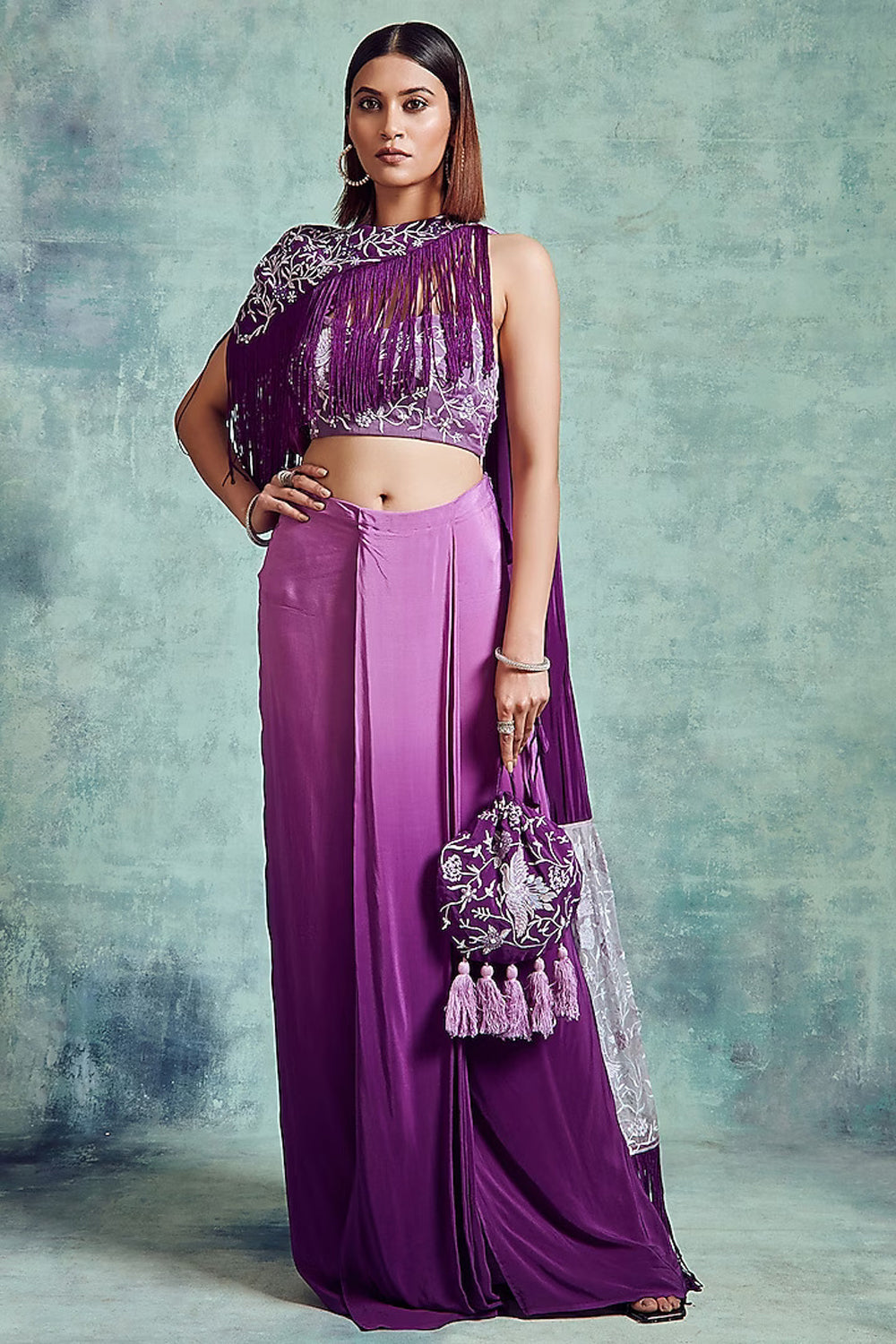 Mauve & Russian Violet Draped Saree Set