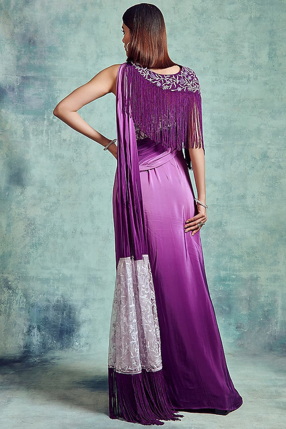 Mauve & Russian Violet Draped Saree Set