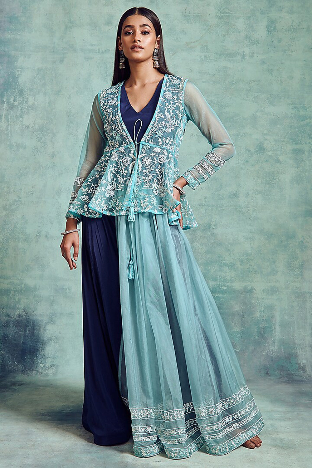 Indigo & Artic Blue Embroidered Skirt Set