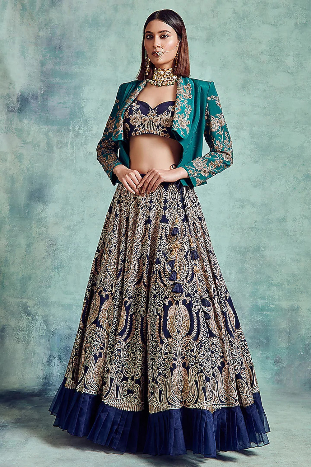 Indigo Embroidered Jacket Lehenga Set