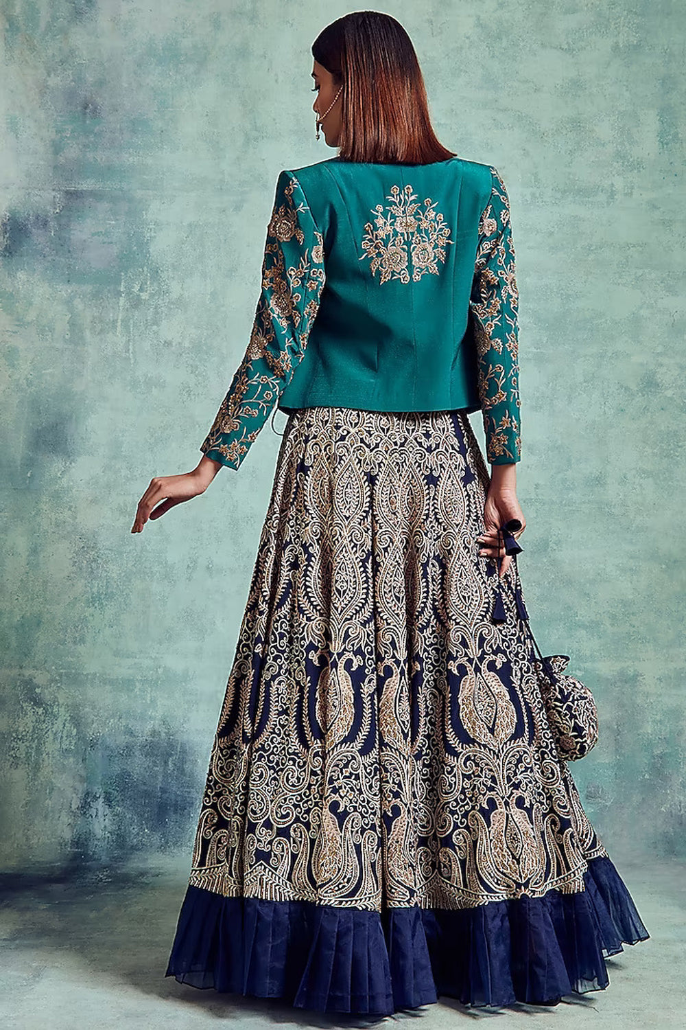 Indigo Embroidered Jacket Lehenga Set