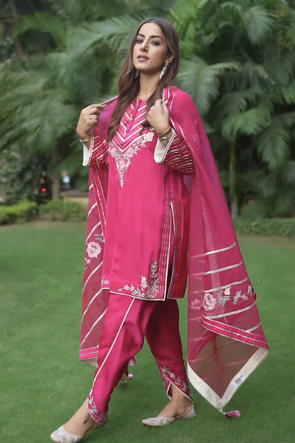 Rani Pink Silk Kurta and Dhoti Set with Organza Dupatta