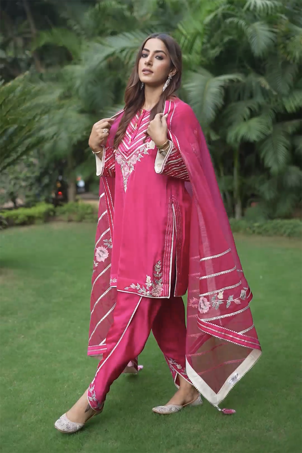 Rani Pink Silk Kurta and Dhoti Set with Organza Dupatta