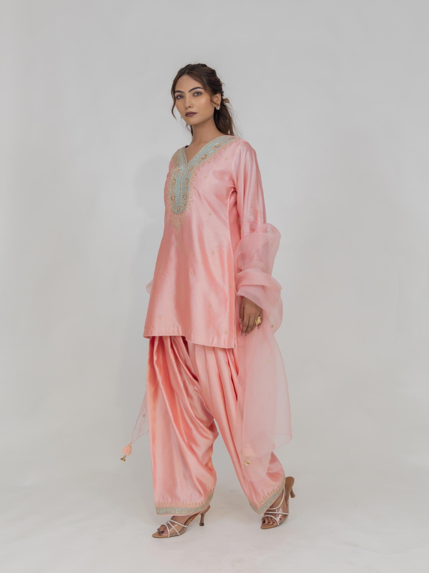 Pure Chiniya Silk Kurti and Farsi Salwar with Organza Dupatta