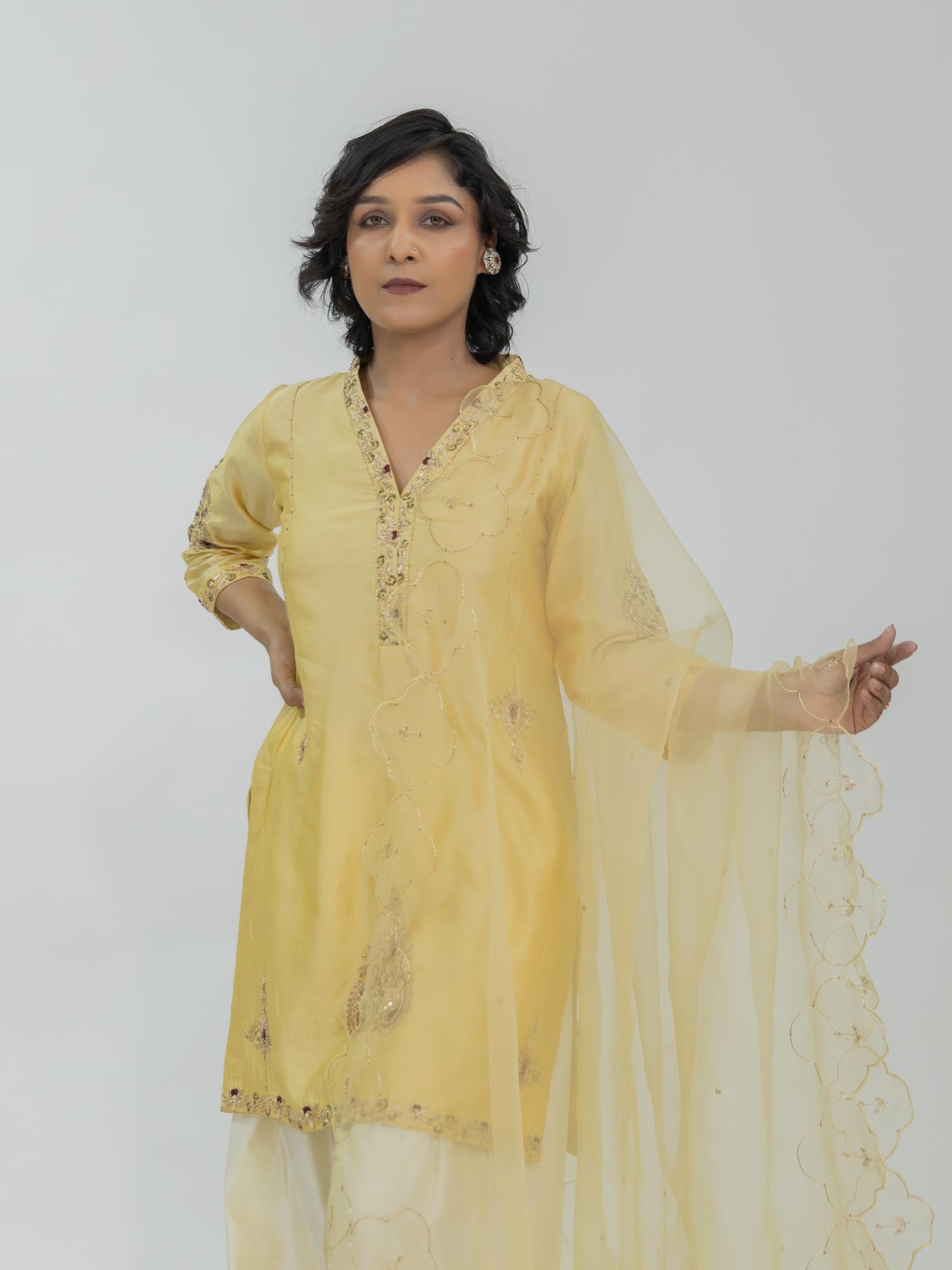 Pure Chiniya Silk Kurti and Bottom with Organza Dupatta