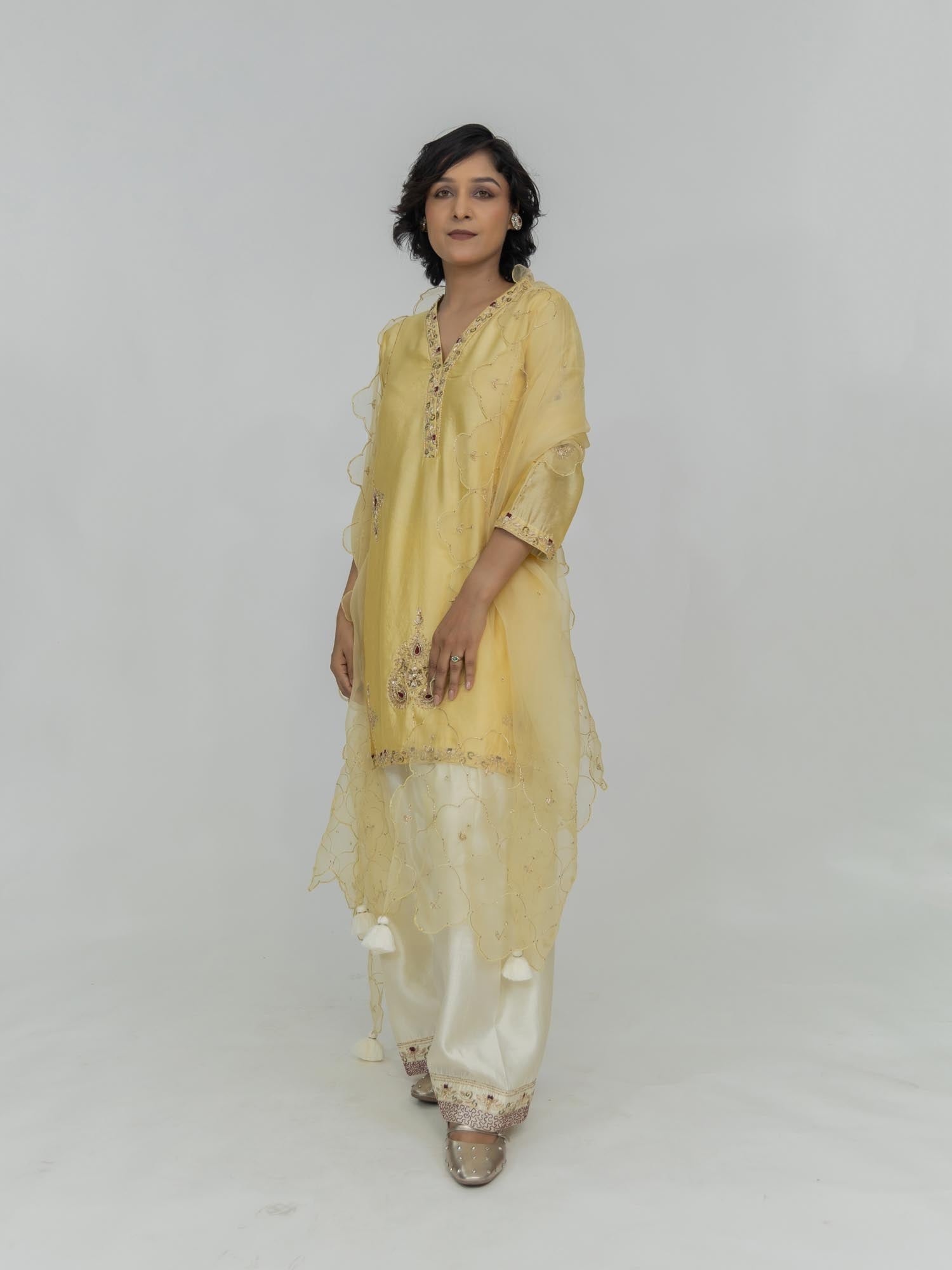 Pure Chiniya Silk Kurti and Bottom with Organza Dupatta