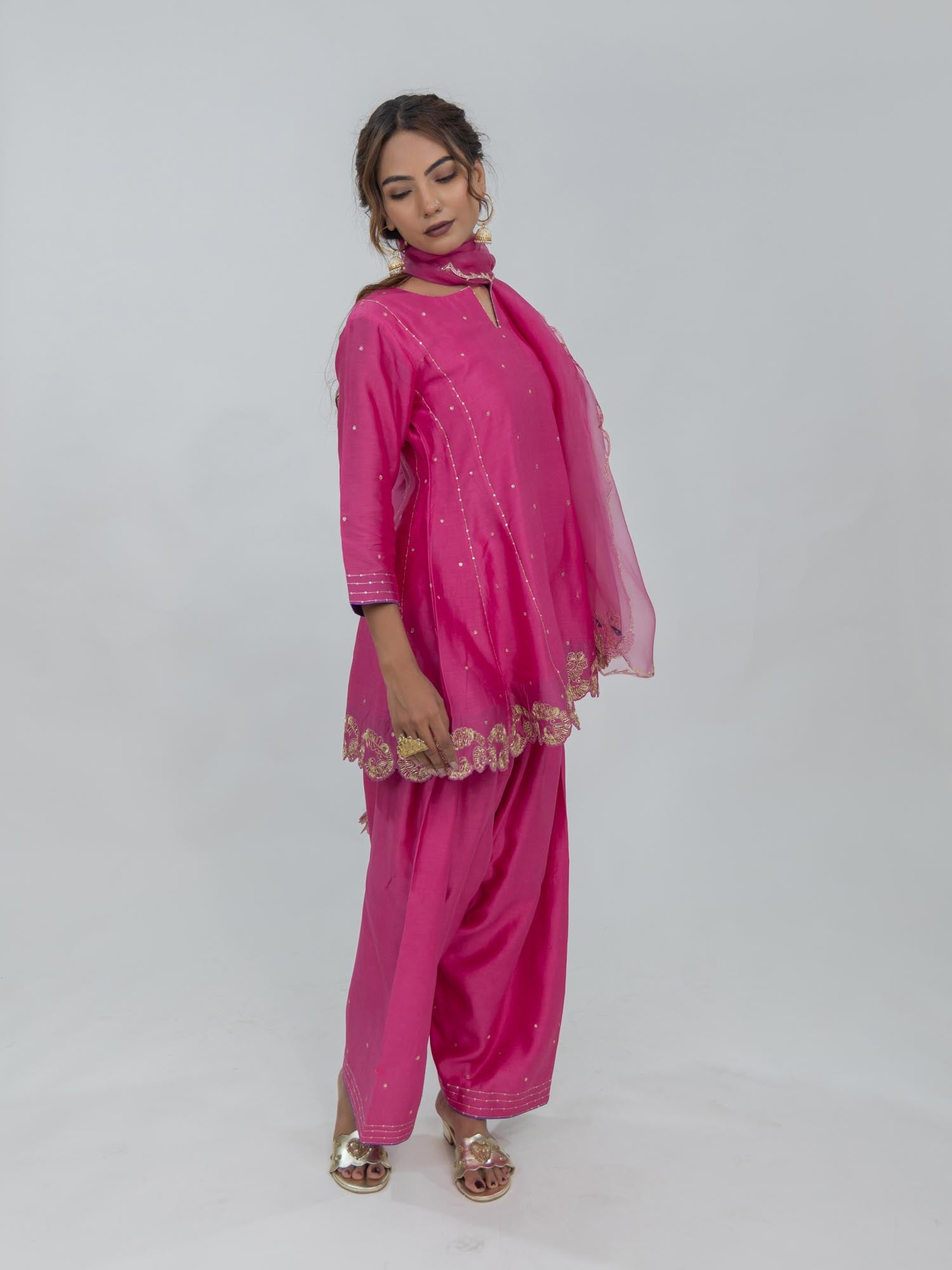 Pure Chanderi Silk Kurti and Salwar with Organza Dupatta