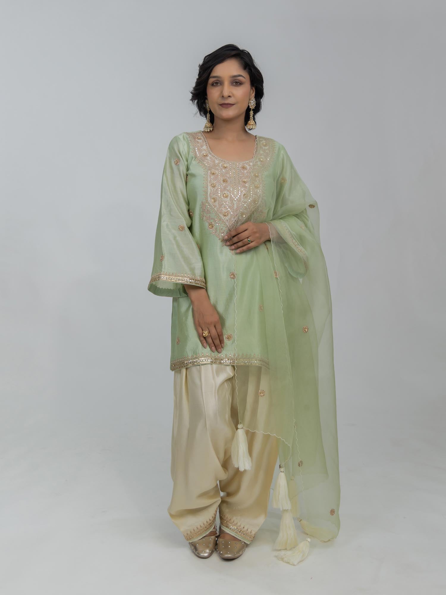 Pure Chiniya Silk Kurti and Farsi Salwar with pure Marori Hand Embroidery Organza Dupatta