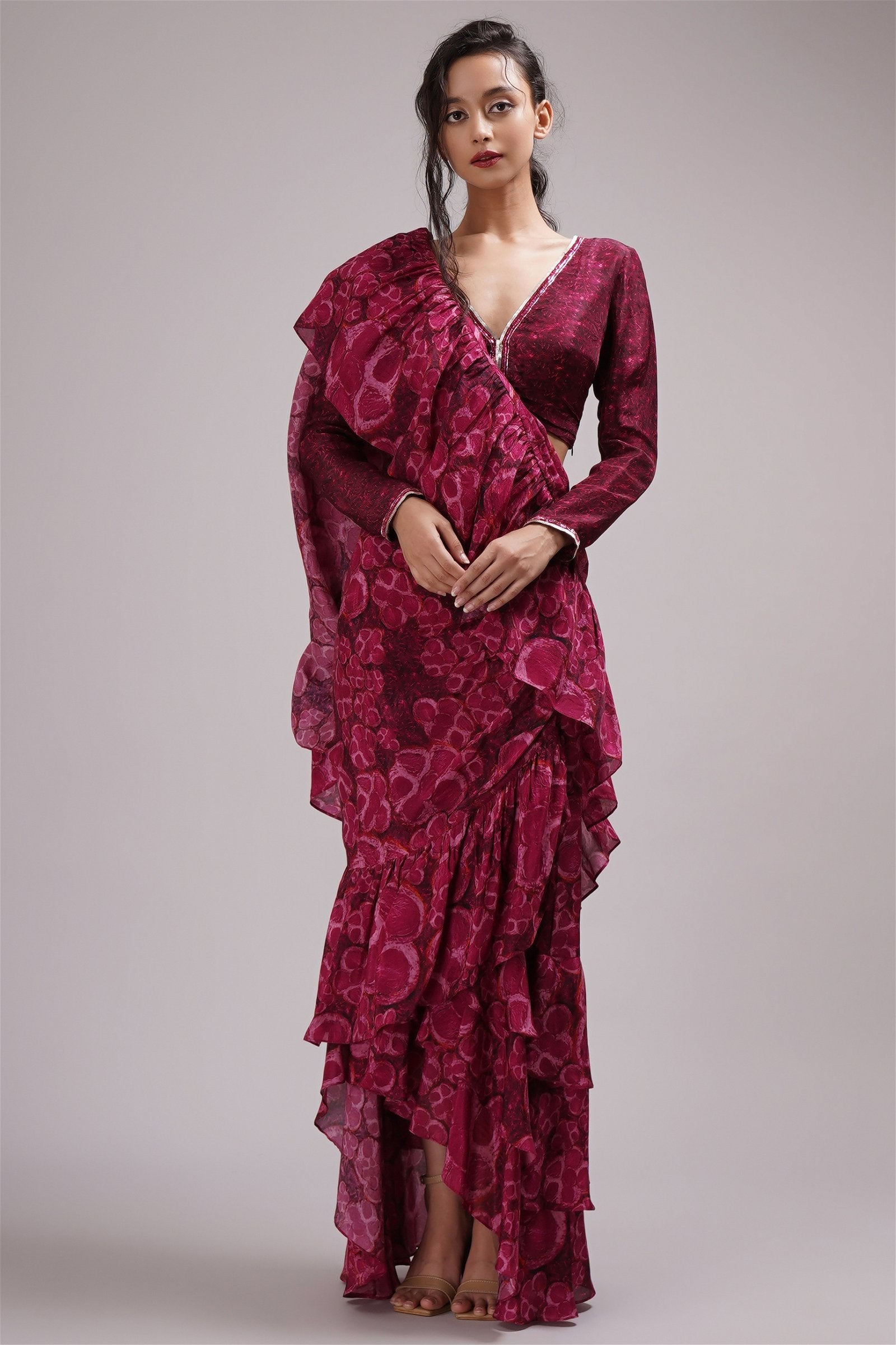 V Neck Full Sleeve Blouse Ruffled Saree Set