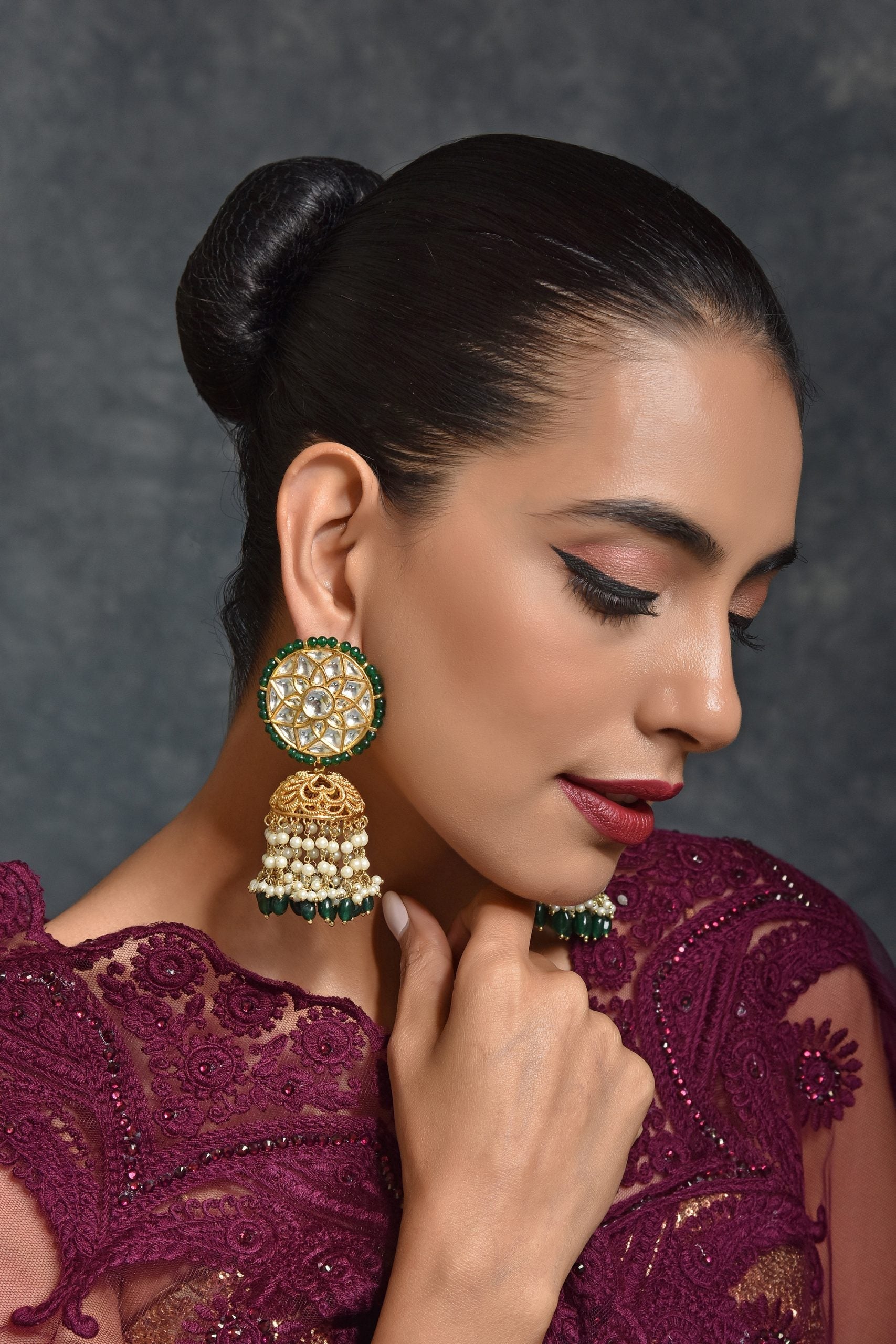 Green Gold Tone Kundan Jhumki Earrings with Pearls