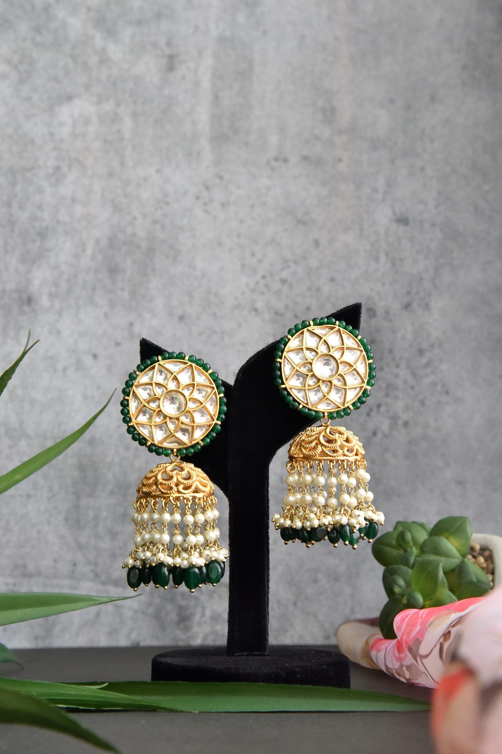 Green Gold Tone Kundan Jhumki Earrings with Pearls