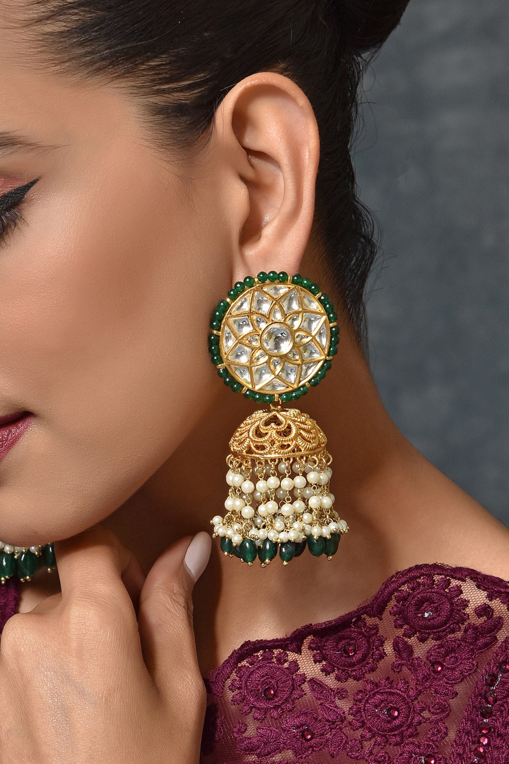 Green Gold Tone Kundan Jhumki Earrings with Pearls